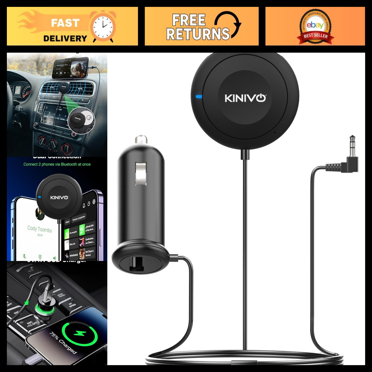 Bluetooth Car Kit Hands-Free AUX Adapter with Noise Isolator & 3.5mm Input