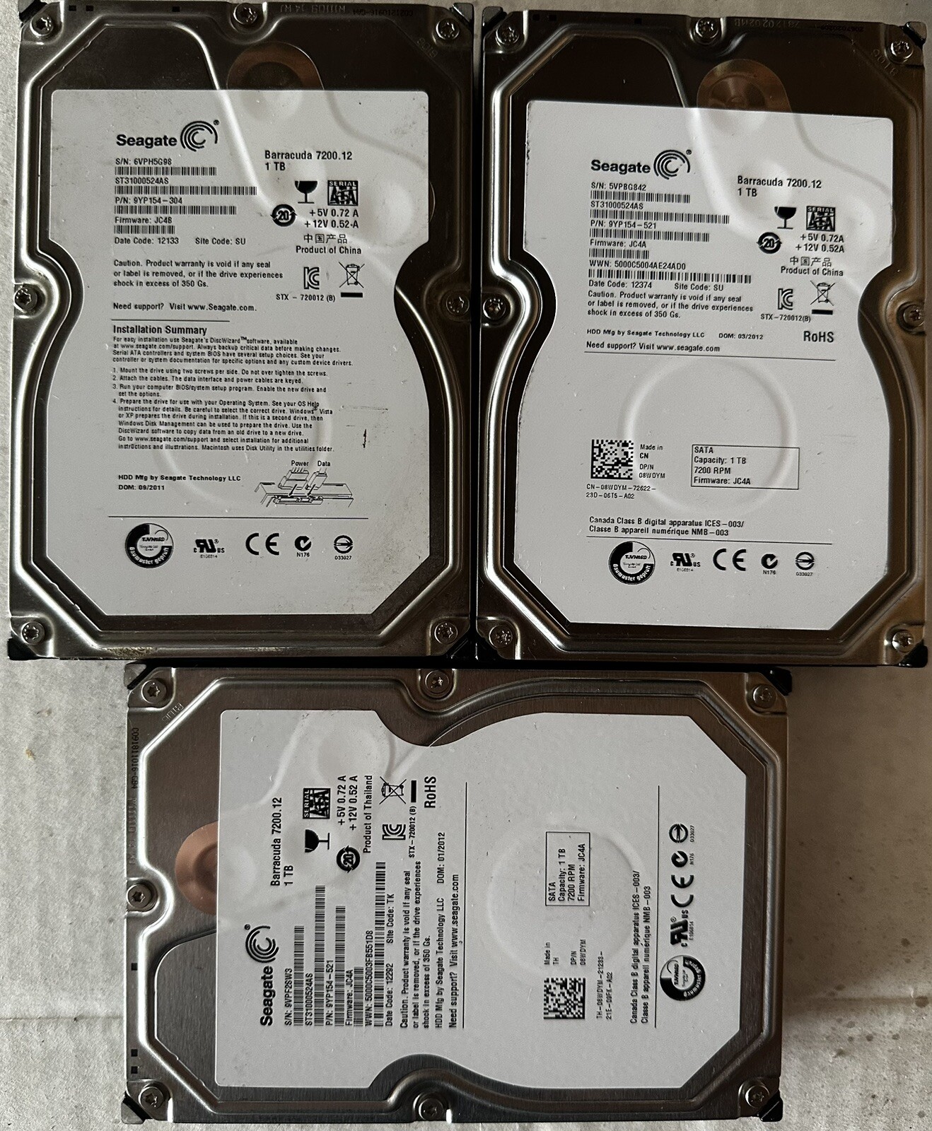 Seagate Barracuda 7200.12 1 TB Internal 7200RPM 3.5" (ST31000524AS) HDD Lot of 3