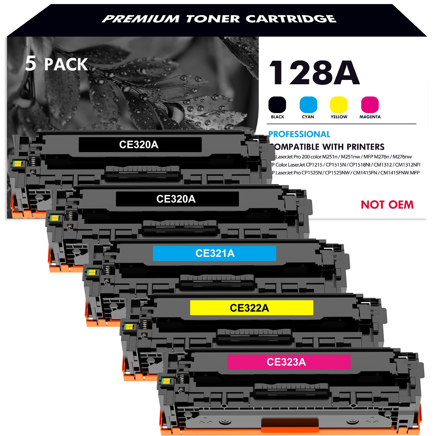 Set of 5 PK CE320A 128A Laser Toner For HP Color LaserJet Pro CM1415FNW CP1525NW