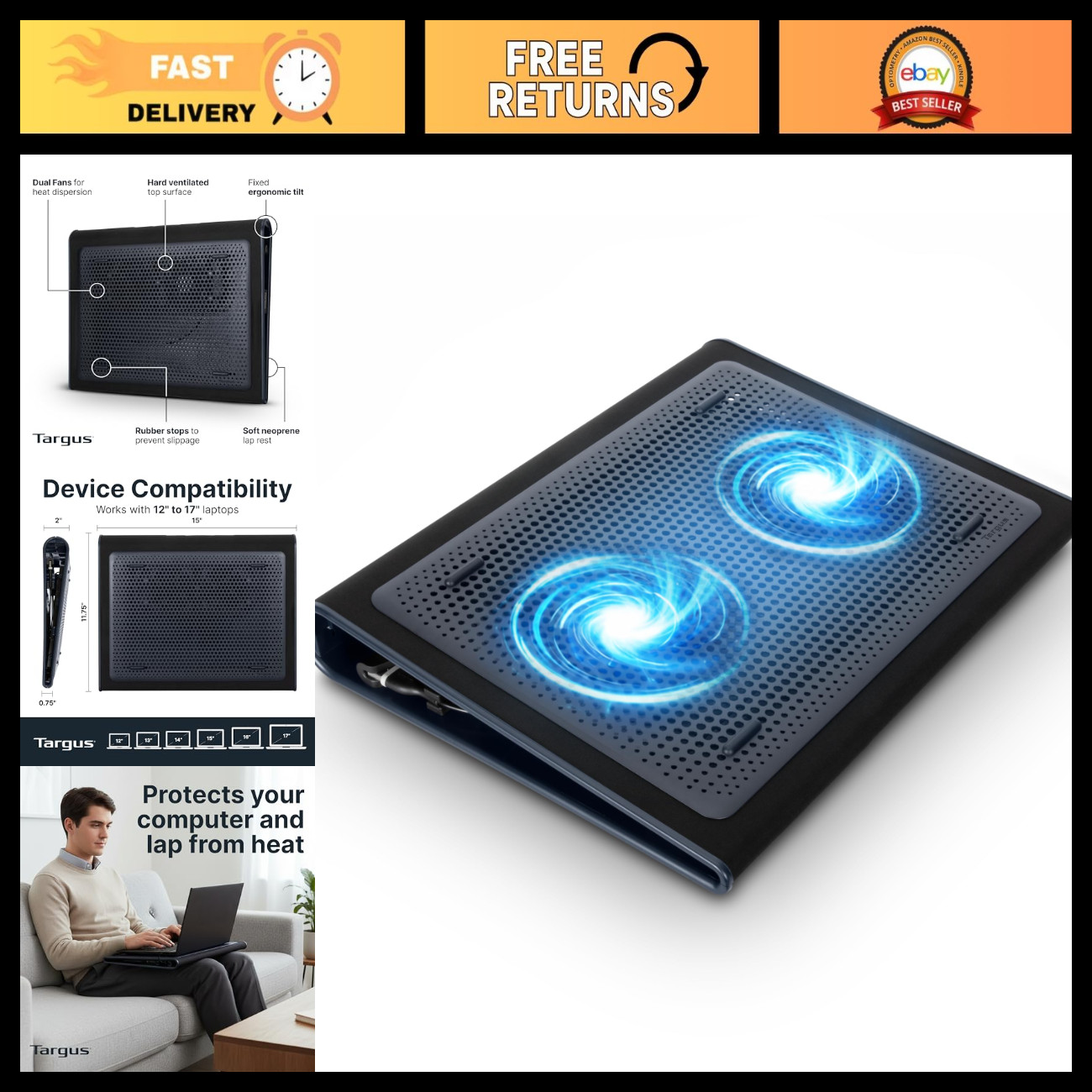 17" Laptop Cooling Pad with Dual Fans - Neoprene Chill Mat for Heat Protection