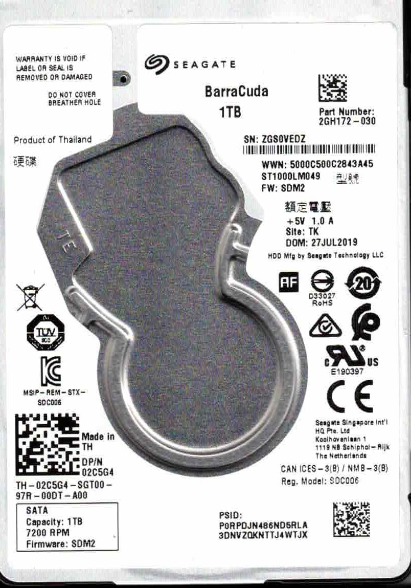 ST1000LM049,  2GH172-030,  SDM2, TK,  ZGS0,  SEAGATE SATA 1TB  JUL 2019