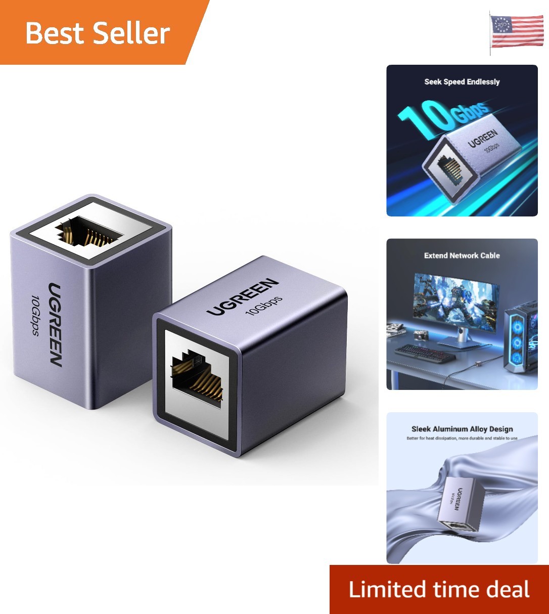 Durable Space Grey Ethernet Coupler, 10Gbps Transfer, 328ft Extension Compatible