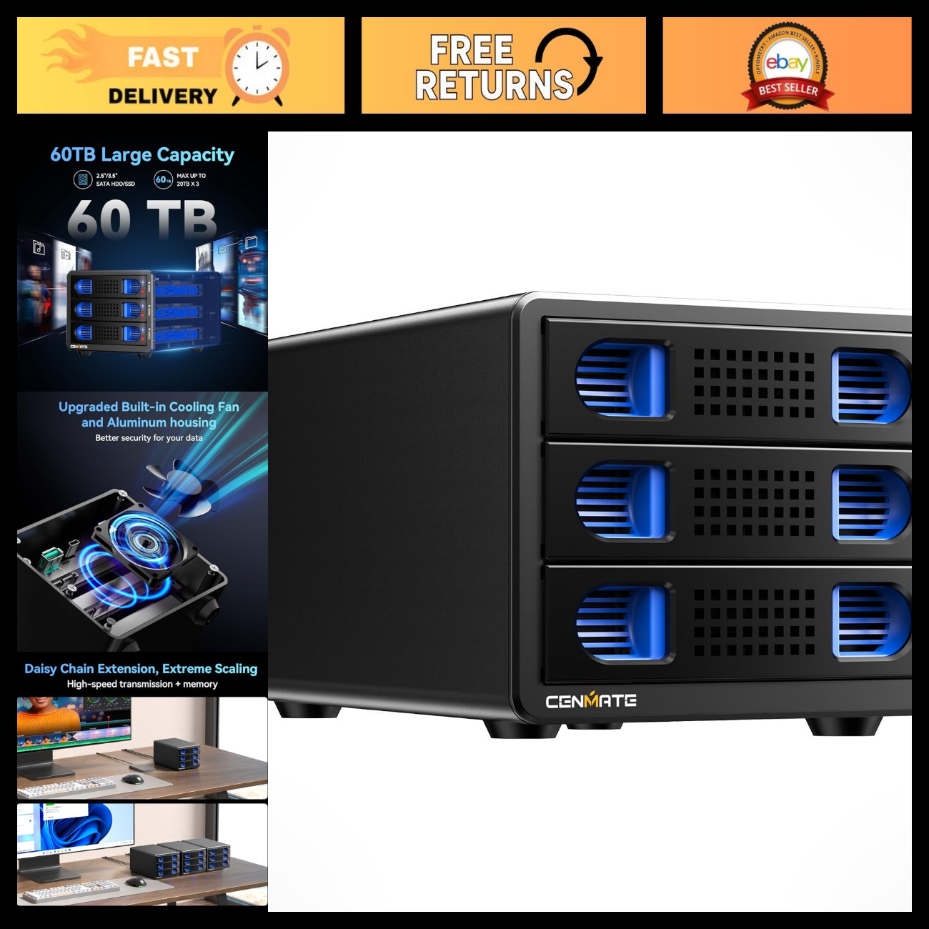 10Gbps Aluminum 3-Bay Hard Drive Enclosure with Cooling Fan for SATA HDD/SSD, US