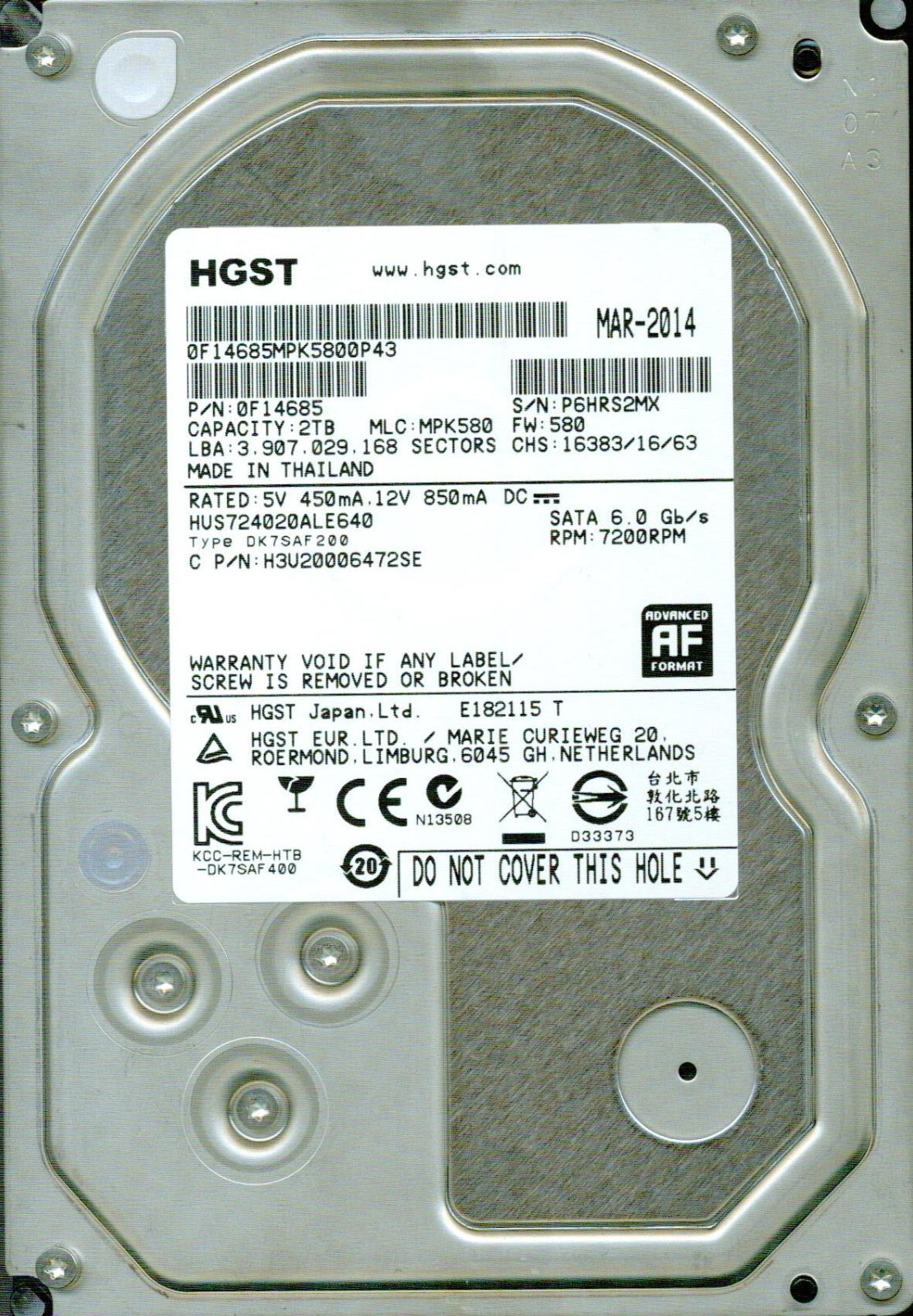 HUS724020ALE640,  0F14685,  MPK580  HGST SATA 2TB