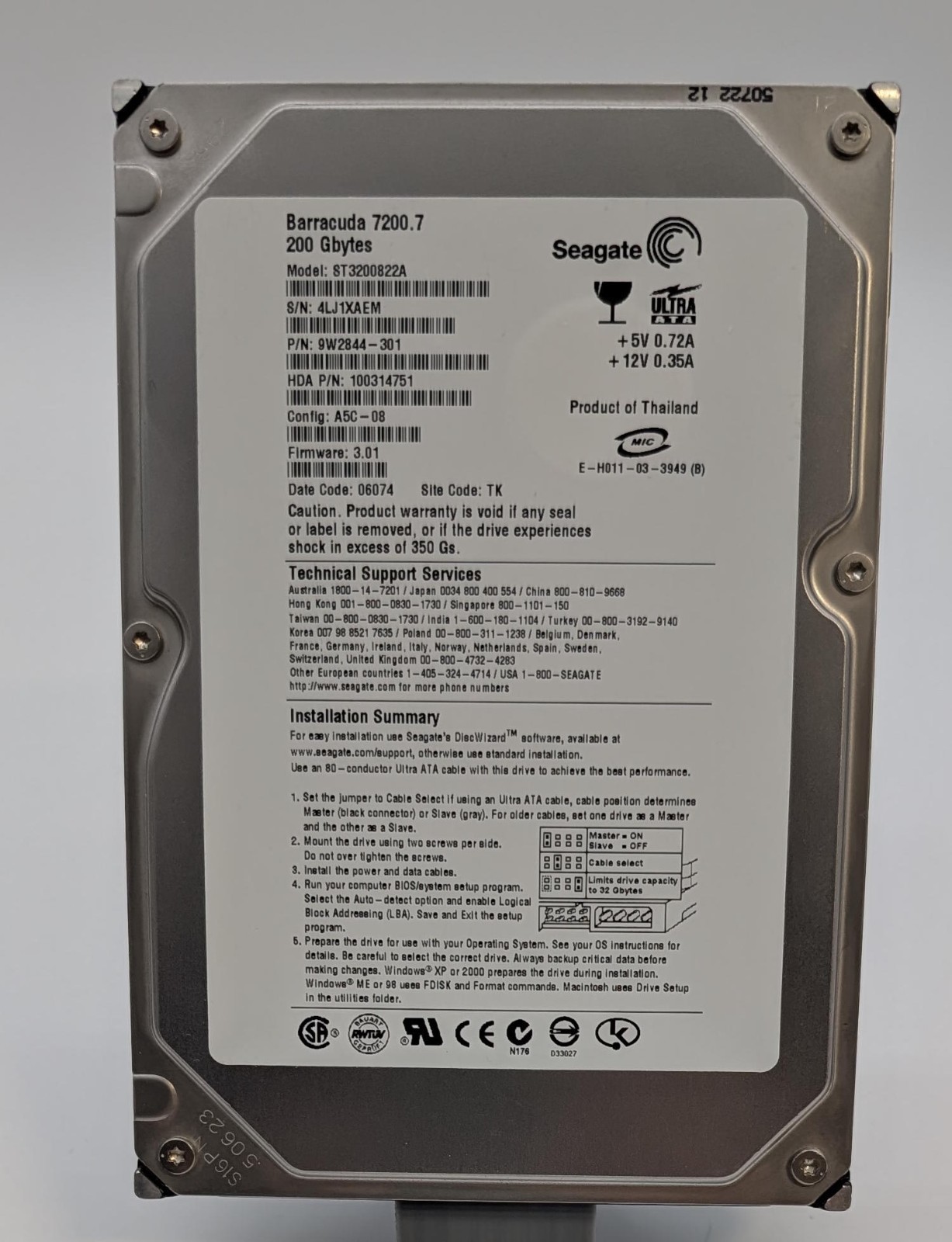 Vintage Seagate Barracuda 7200.7 ST3200822A 200GB 7200RPM 3.5" IDE HD - Tested