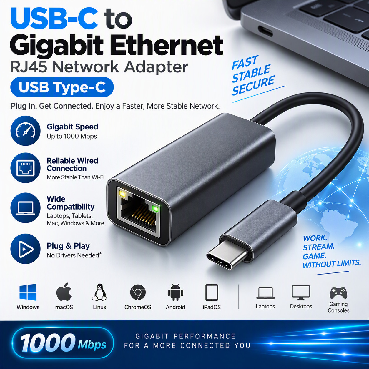 Lot of 10 Tripp Lite USB-C to Gigabit Ethernet RJ45 Network Adapters USB Type-C