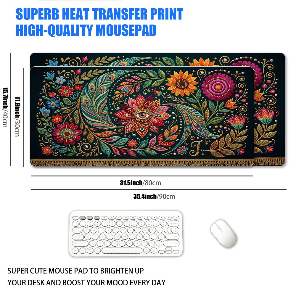 1 XXL Large Mouse Pad, Ethnic Style Peacock Feather All-Seeing Eye Floral Embr