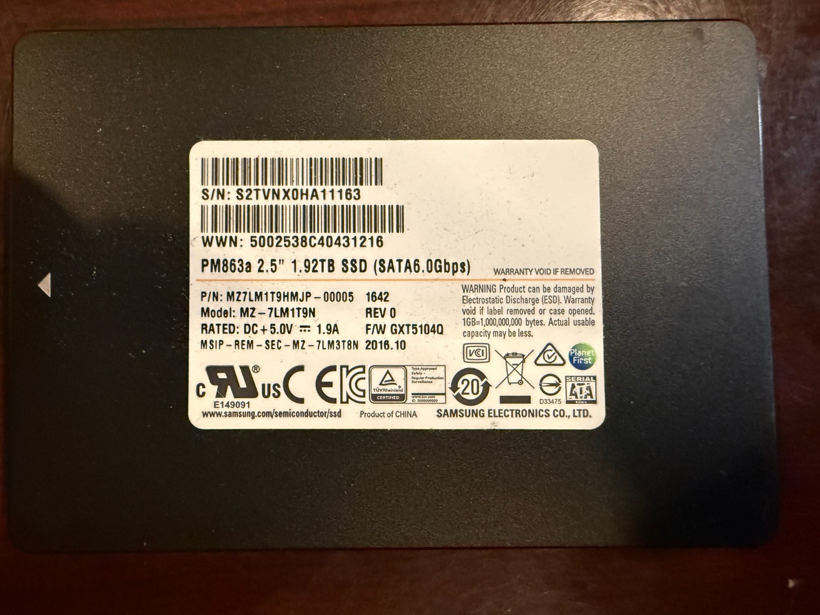 Samsung 1.92TB PM863a SSD 2.5" SATA MZ-7LH1T90 MZ7LH1T9HMJP 97%+ Health