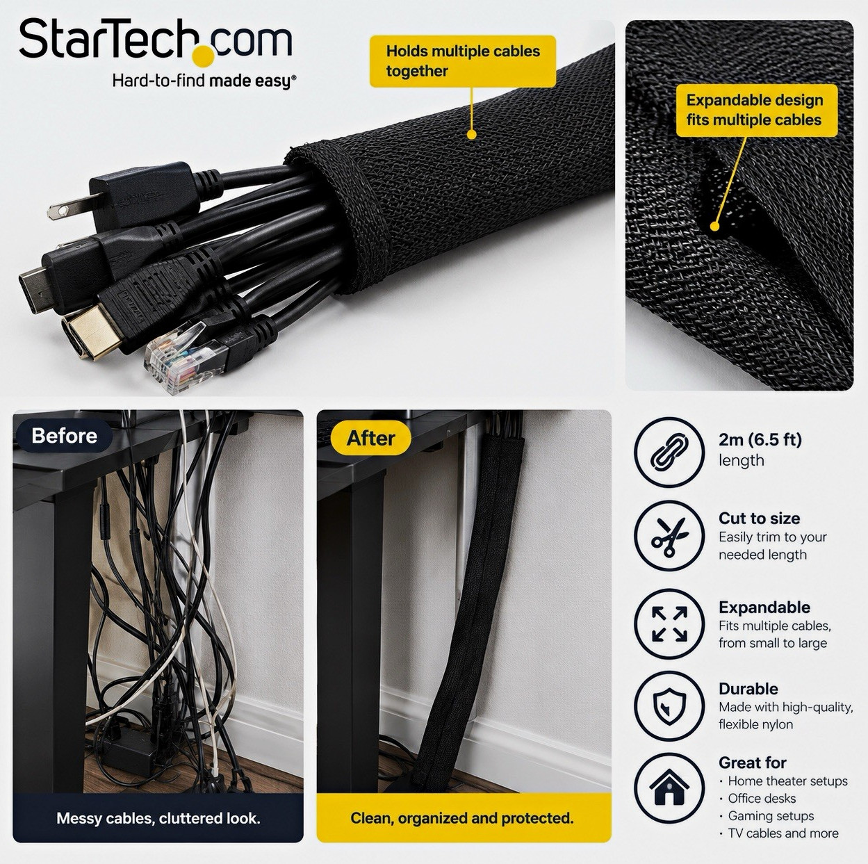 StarTech 2m Cable Management Sleeve 3 Pack Black Cord Organizer Wrap NEW WKSTNCM