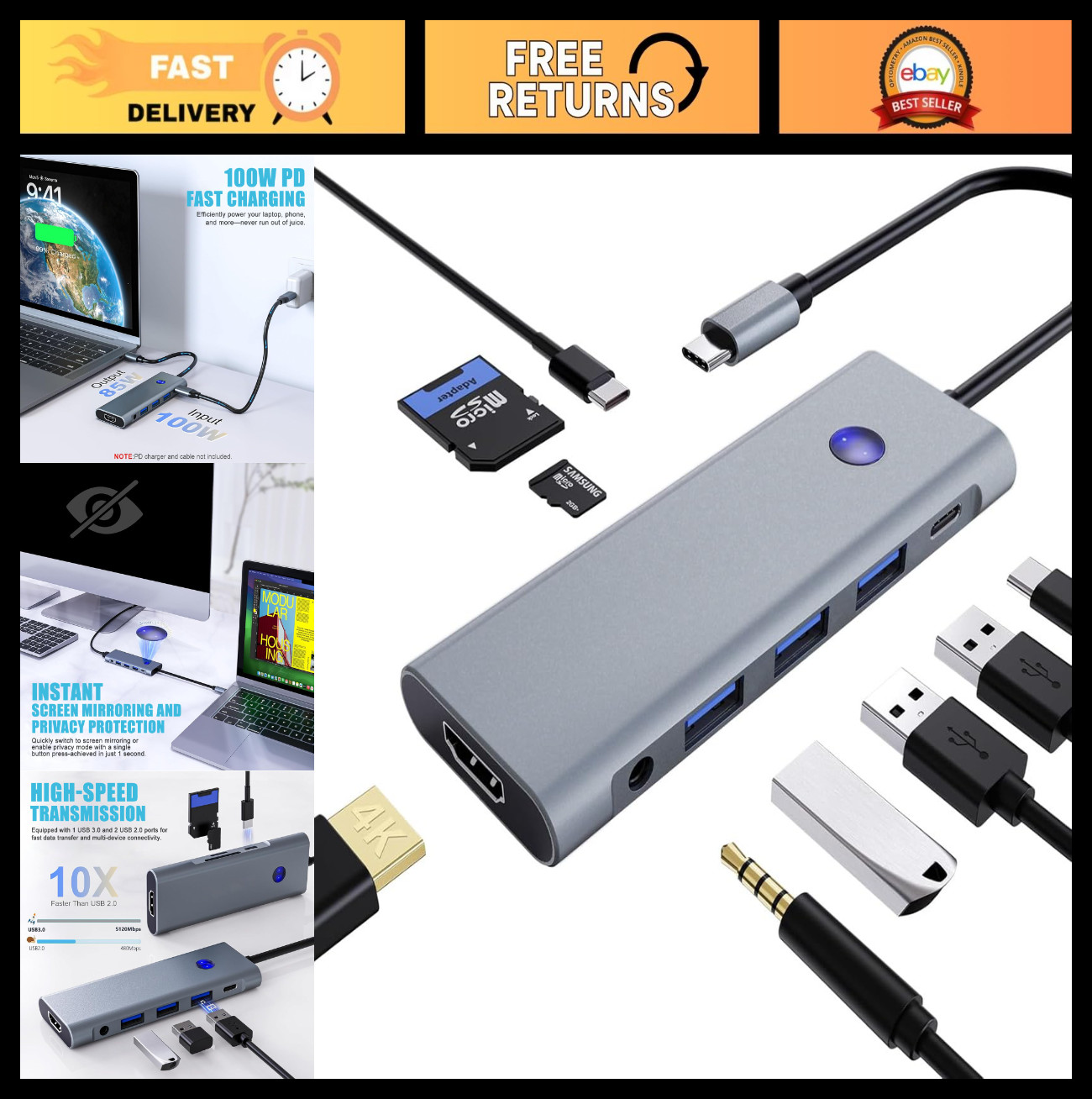 9-in-1 USB C Hub Adapter - 100W PD Charging, 4K HDMI, USB 3.0, SD/TF Reader, Aud