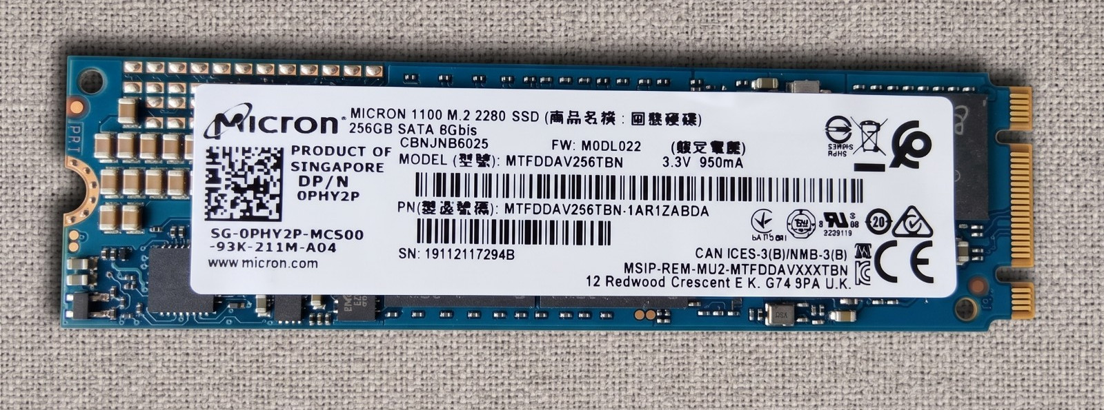 OEM Micron 1100 256GB M.2 2280 SATA SSD MTFDDAV256TBN 6Gb/s Solid State Drive
