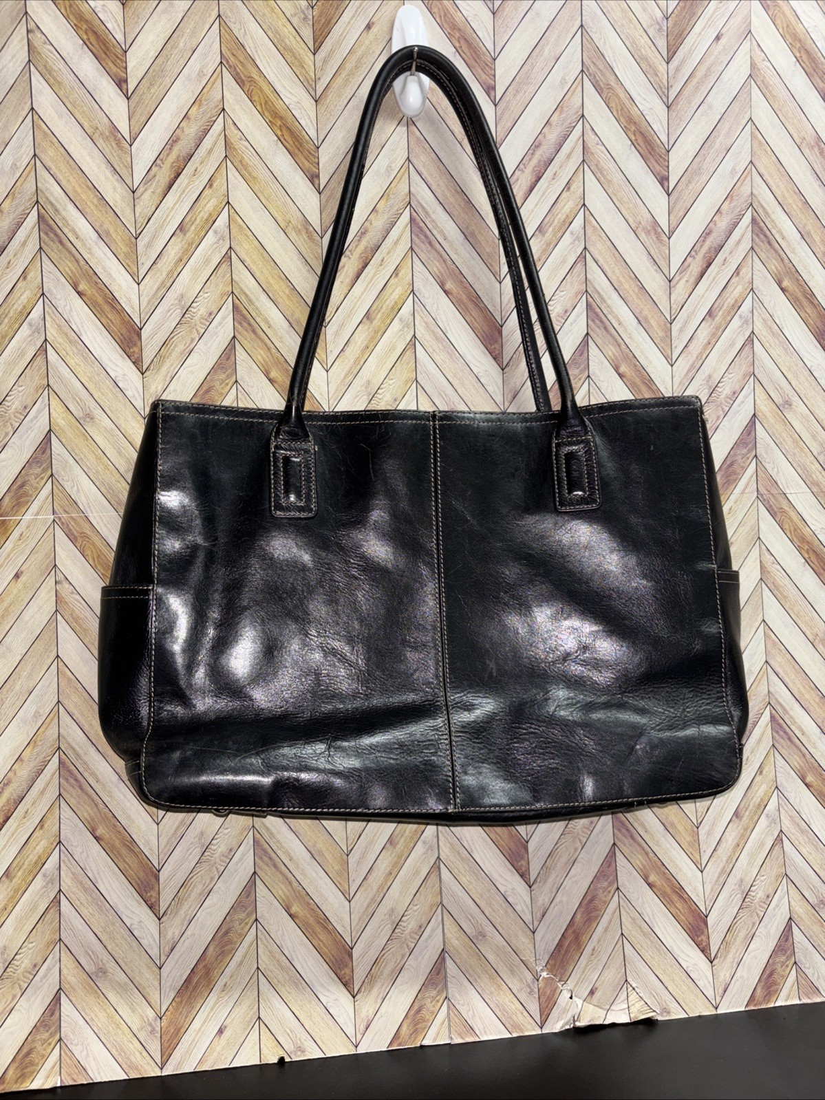 Fossil Black Leather Briefcase Padded Laptop Computer Bag Double Shoulder Strap