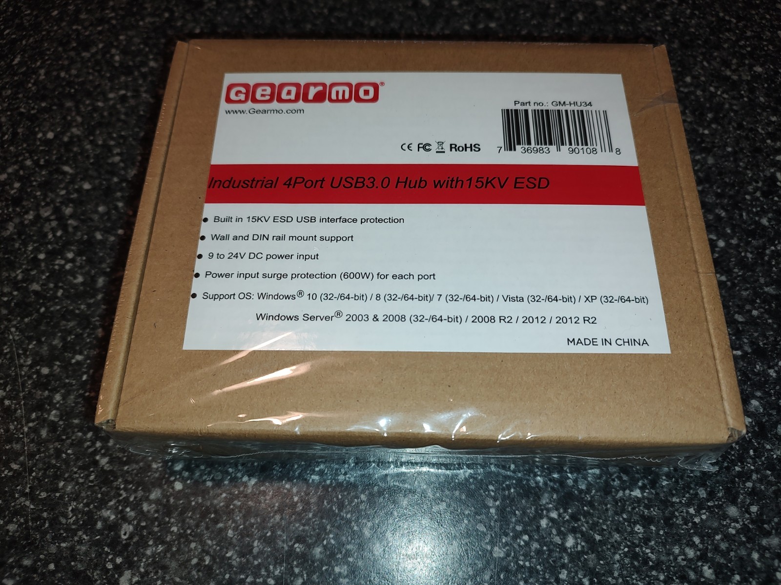 Gearmo GM-HU34 Industrial 4-Port USB 3.0 Hub Din Rail Mount 15KV ESD Protect NIB