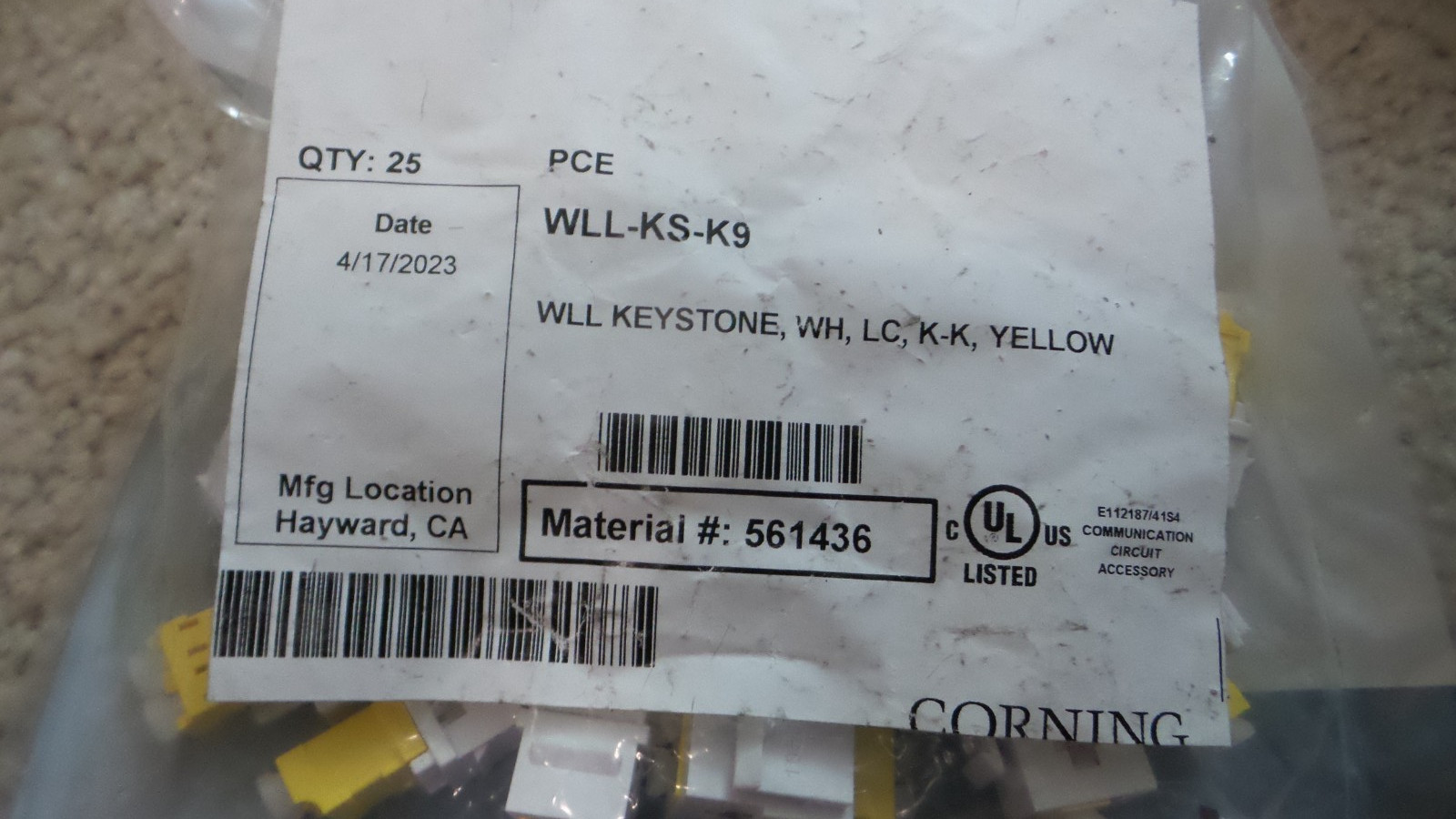Corning WLL-KS-K9   KEYSTONE ,WH ,LC K-K, YELLOE PACK OF 25