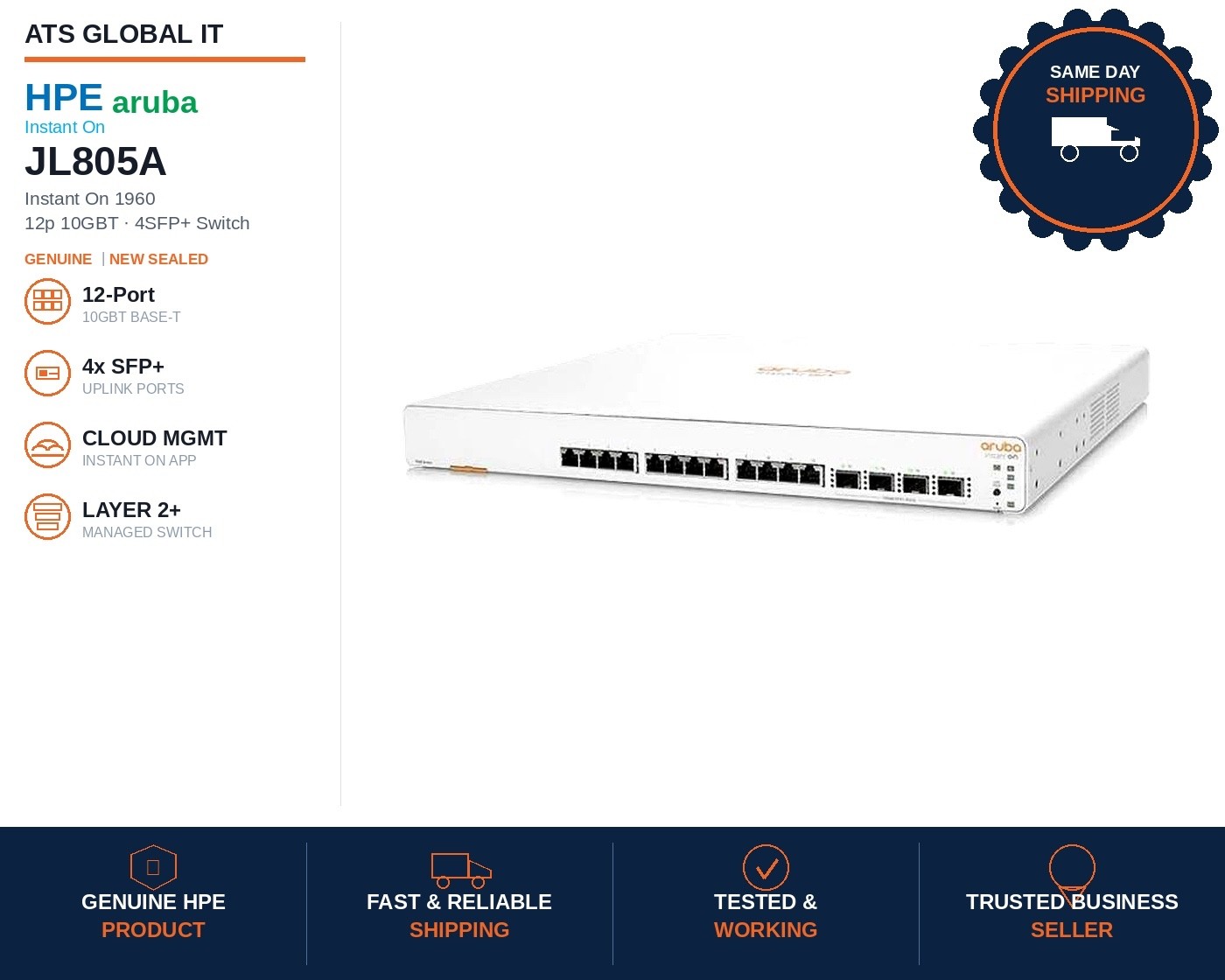 HPE Aruba JL805A Instant On 1960 12p 10GBT 4SFP+ Switch New Sealed *US Ship*