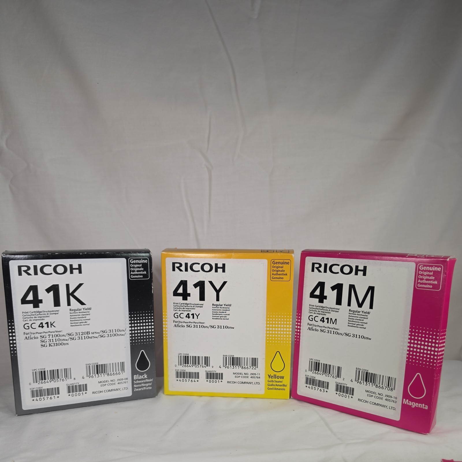 LOT OF 3 RICOH 41K 41Y 41M PRINT CARTRIDGE MAGENTA, BLACK, YELLOW - NEW OPEN BOX
