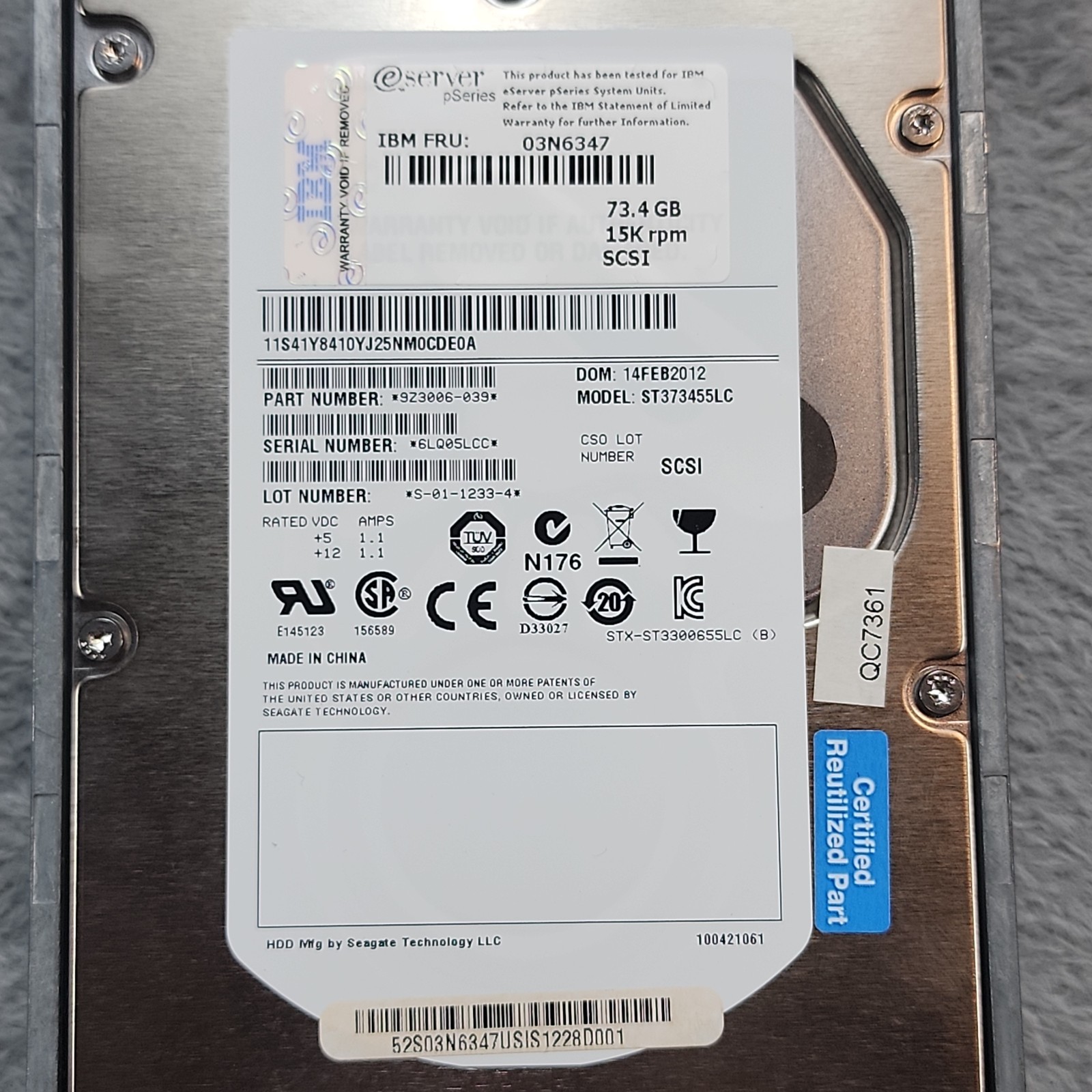 IBM  pSeries 73.4GB 15K rpm 03N6347 SCSI Hard Drive HDD & Tray RS/6000 Server