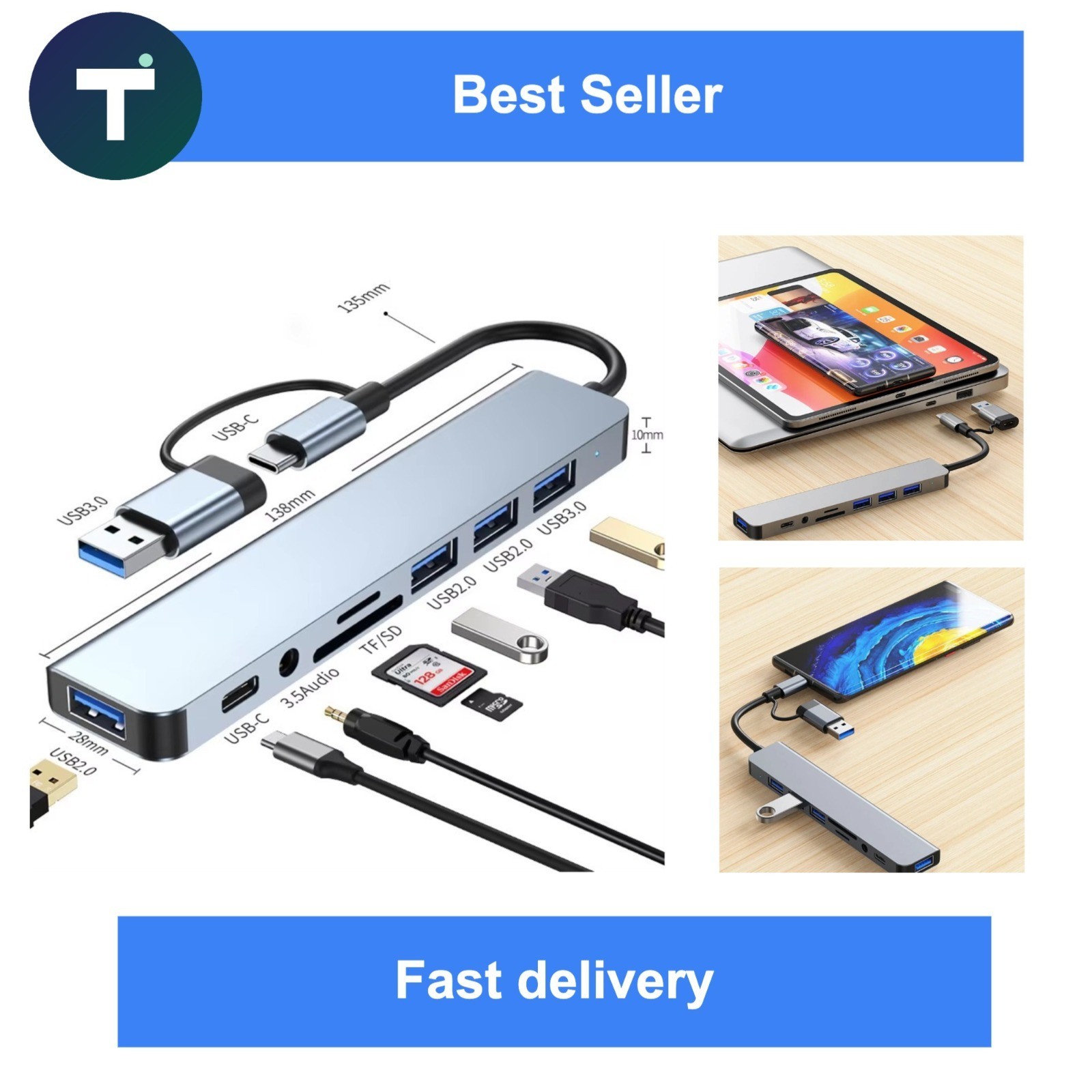 8-in-2 USB C Hub Docking Station with 3.5mm Audio Jack SD TF Card Reader
