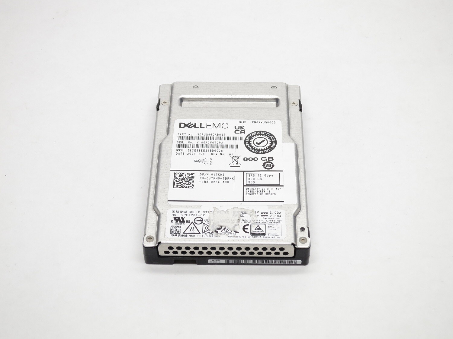 JTKH5 DELL 800GB SAS 2.5 12Gb/s SSD MIXED-USE KPM6XVUG800G ISE 3DWPD PM6