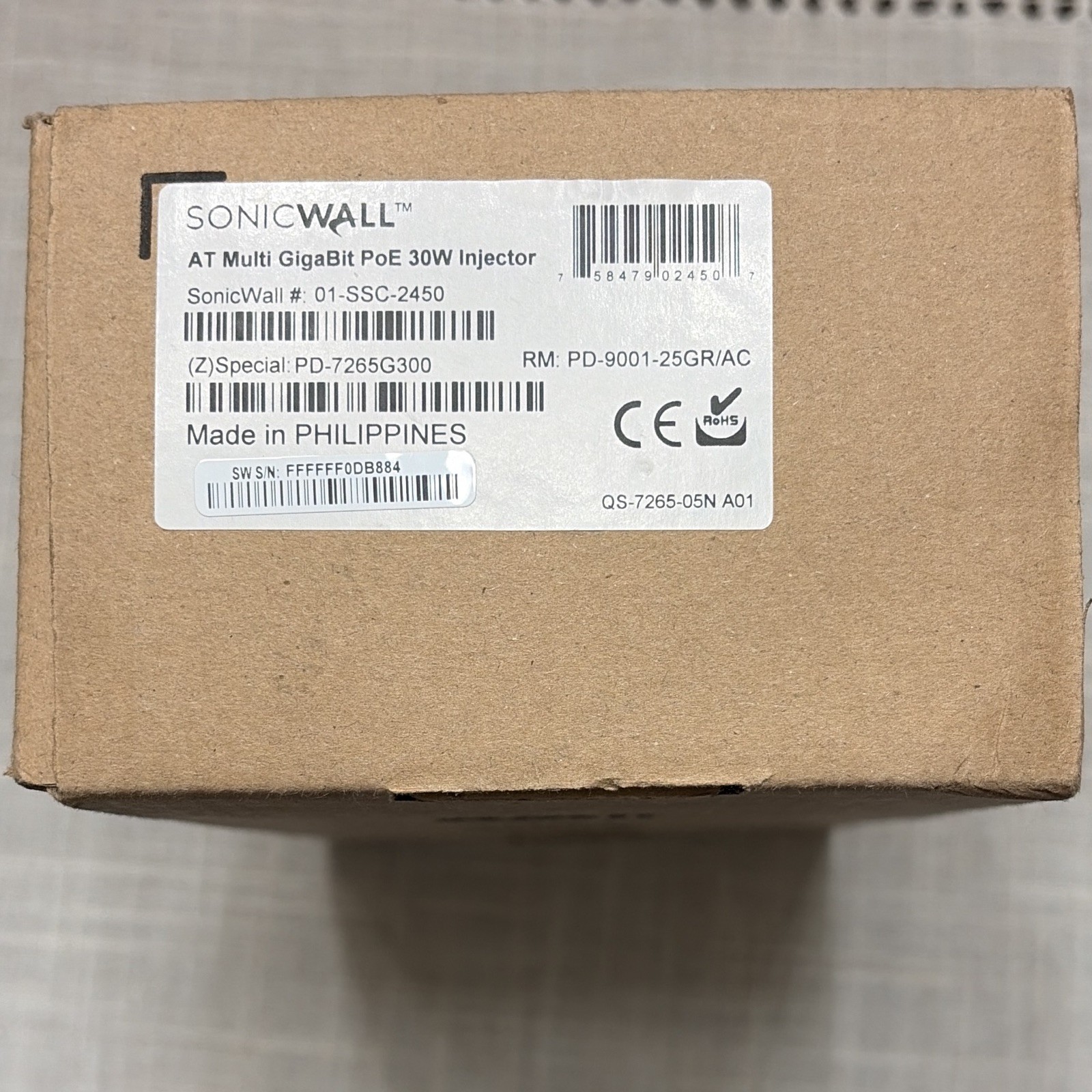 SonicWALL AT Multi Gigabit PoE 30W Injector 01-SSC-2450 PD-9001-25GR/AC