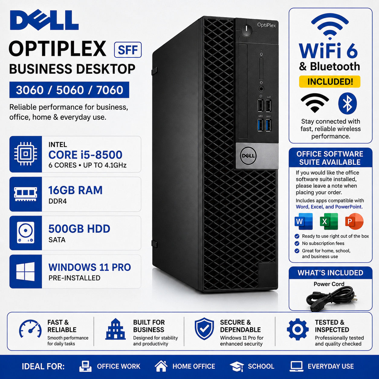 Dell OptiPlex SFF Desktop PC Intel i5 8500 16GB RAM 500GB HDD Win 11 Pro WIFI BT