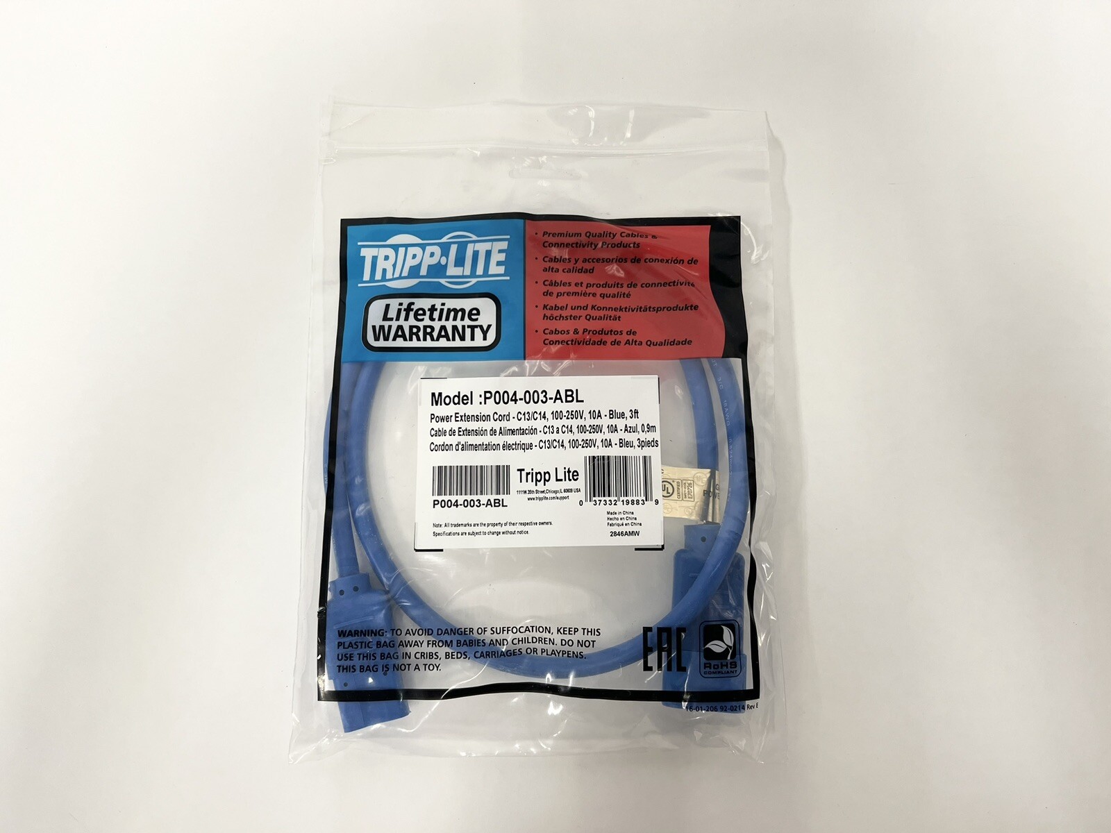 Tripp-Lite Model P004-003-ABL 3 ft Computer Power Cord Extension Cable