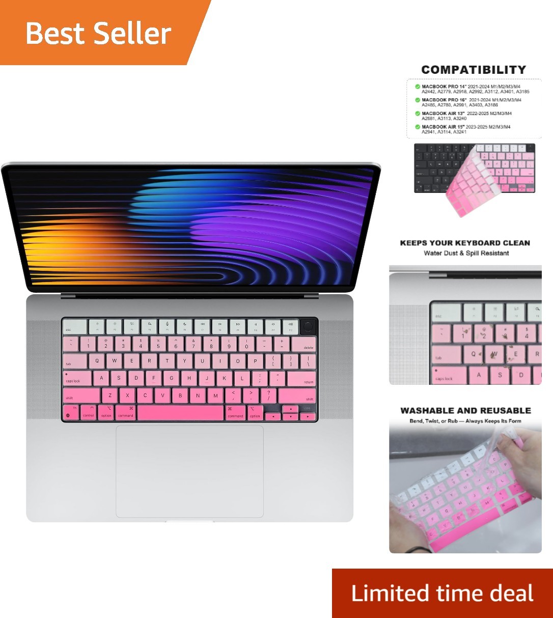MacBook Keyboard Cover for Pro 14"/16" M2/M3/M4, 2021–2025 & Air 13"/15" M1/M...