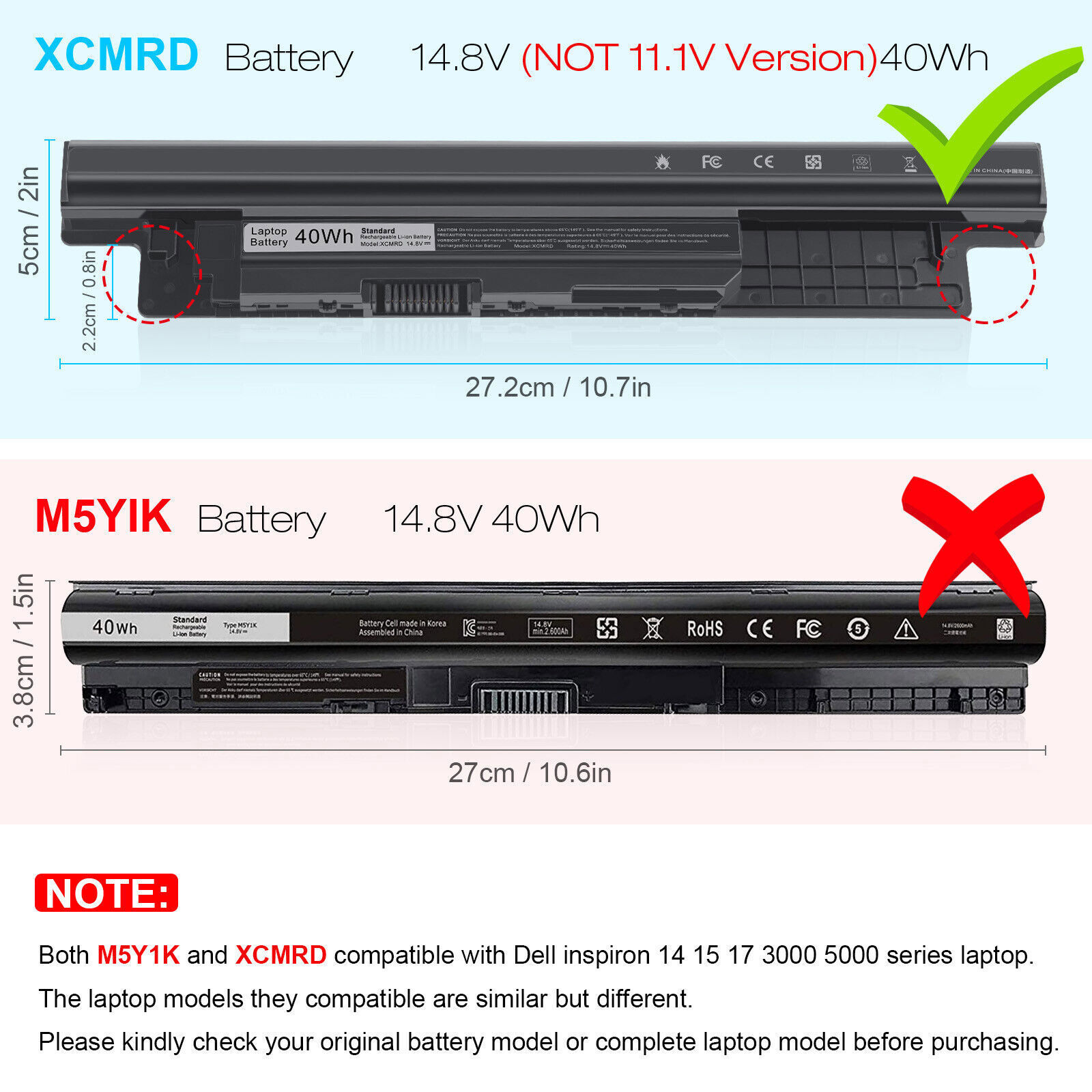 XCMRD MR90Y Battery 40Wh For Dell Inspiron 3421 5421 15-3521 5521 3721 14.8V