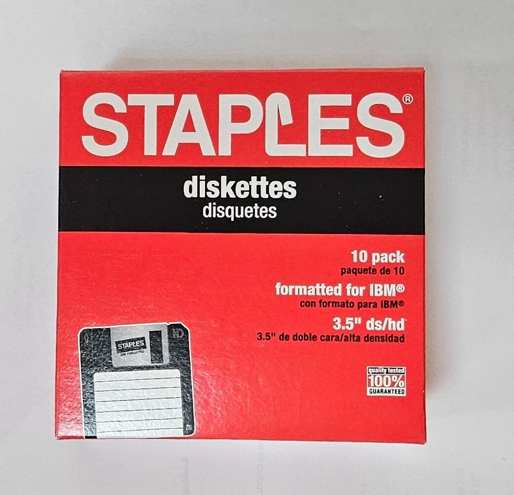 Vintage Staples 3.5” Floppy Diskettes 10 Pack DS/HD IBM 1.44MB Factory Sealed