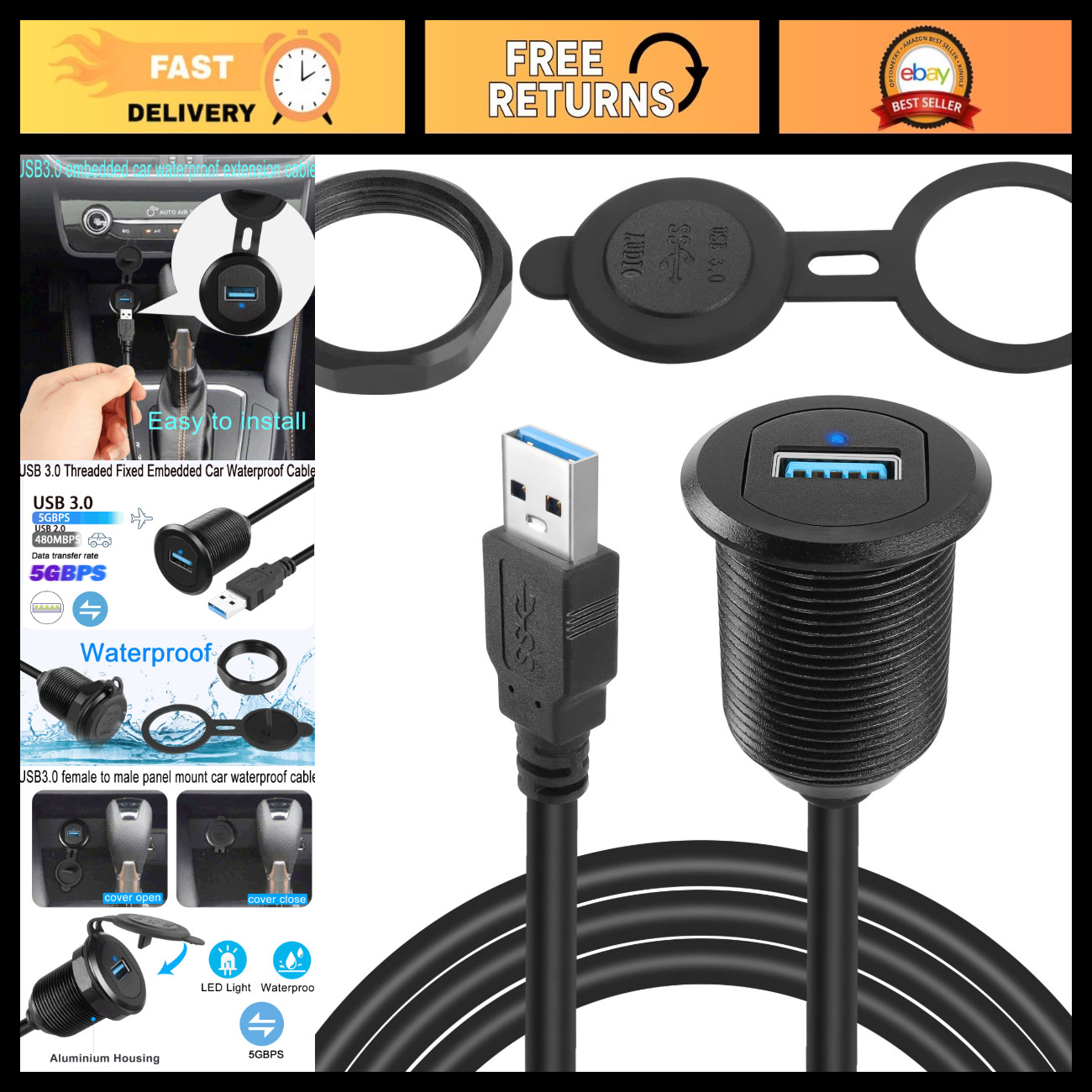 5Gbps USB 3.0 Waterproof Panel Mount Extension Cable with LED Light - 2M/6.5ft f
