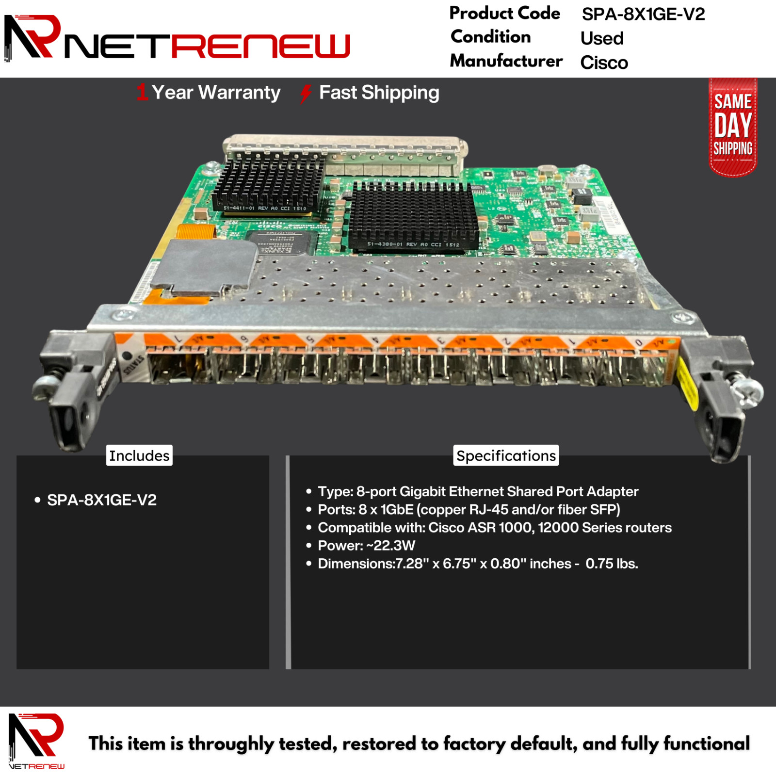Cisco  SPA-8X1GE-V2 8-Port 1G Ethernet Shared Port Adapter