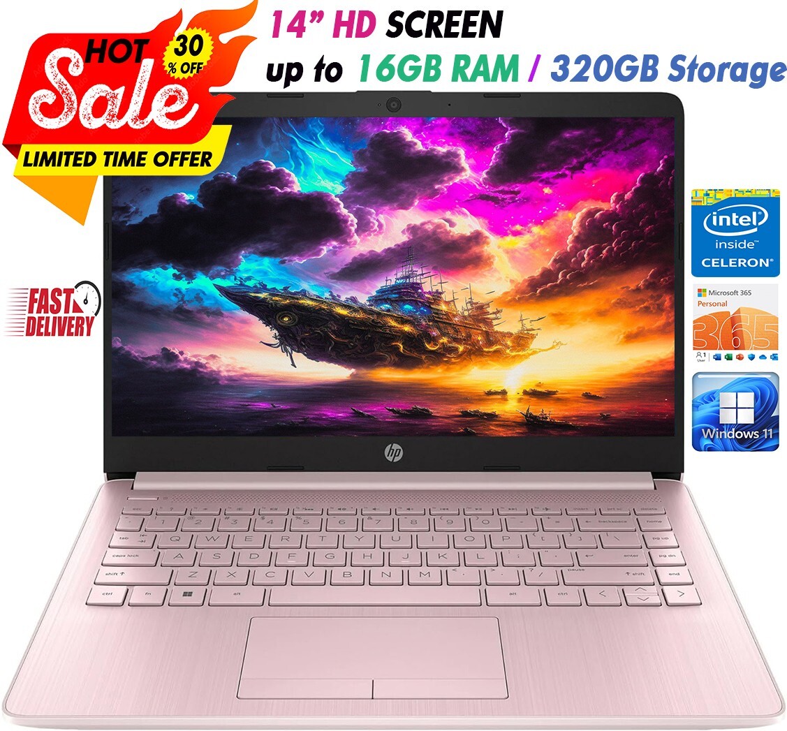 HP Newest Laptop 14"HD Intel 4-Core Up to 16GB RAM & 320GB Storage Win11 Pink