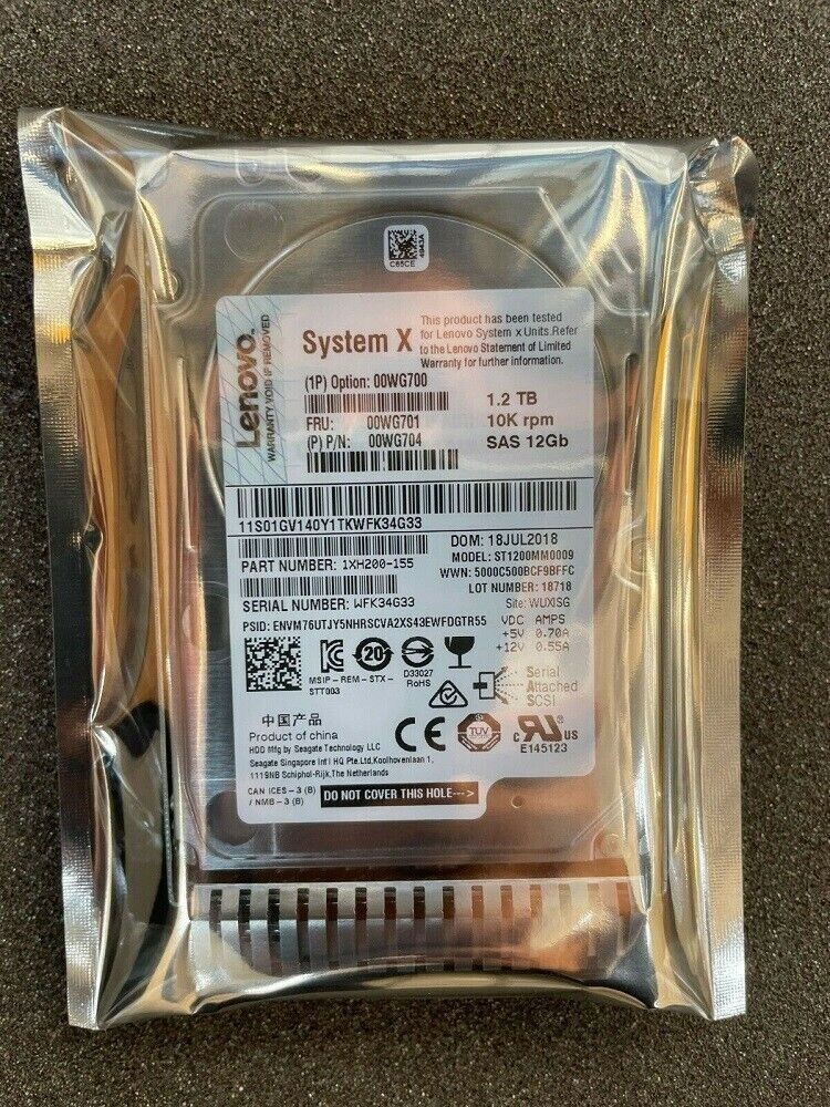 Lenovo / IBM 00WG700 00WG701 00WG704 1.2TB 10K 12G SAS 2.5" G3HS HARD DRIVE