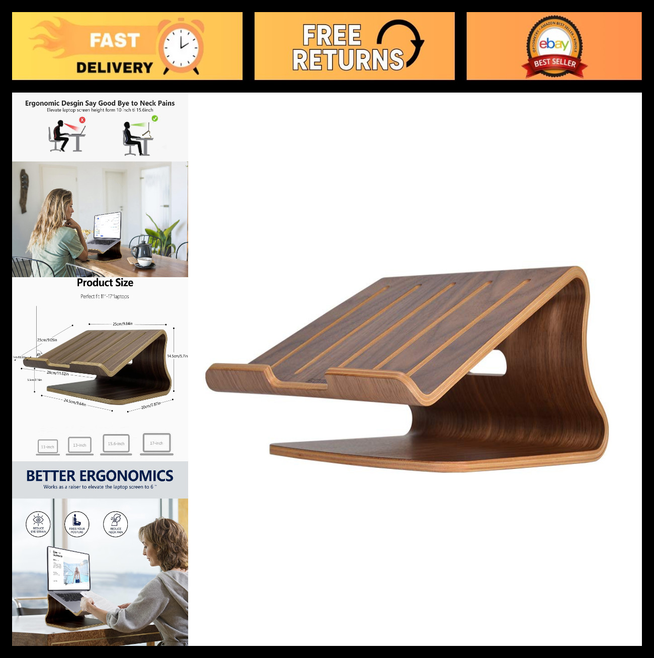 Wood Laptop Stand for Desk - Cooling Holder, Adjustable Height, Fits Most Laptop