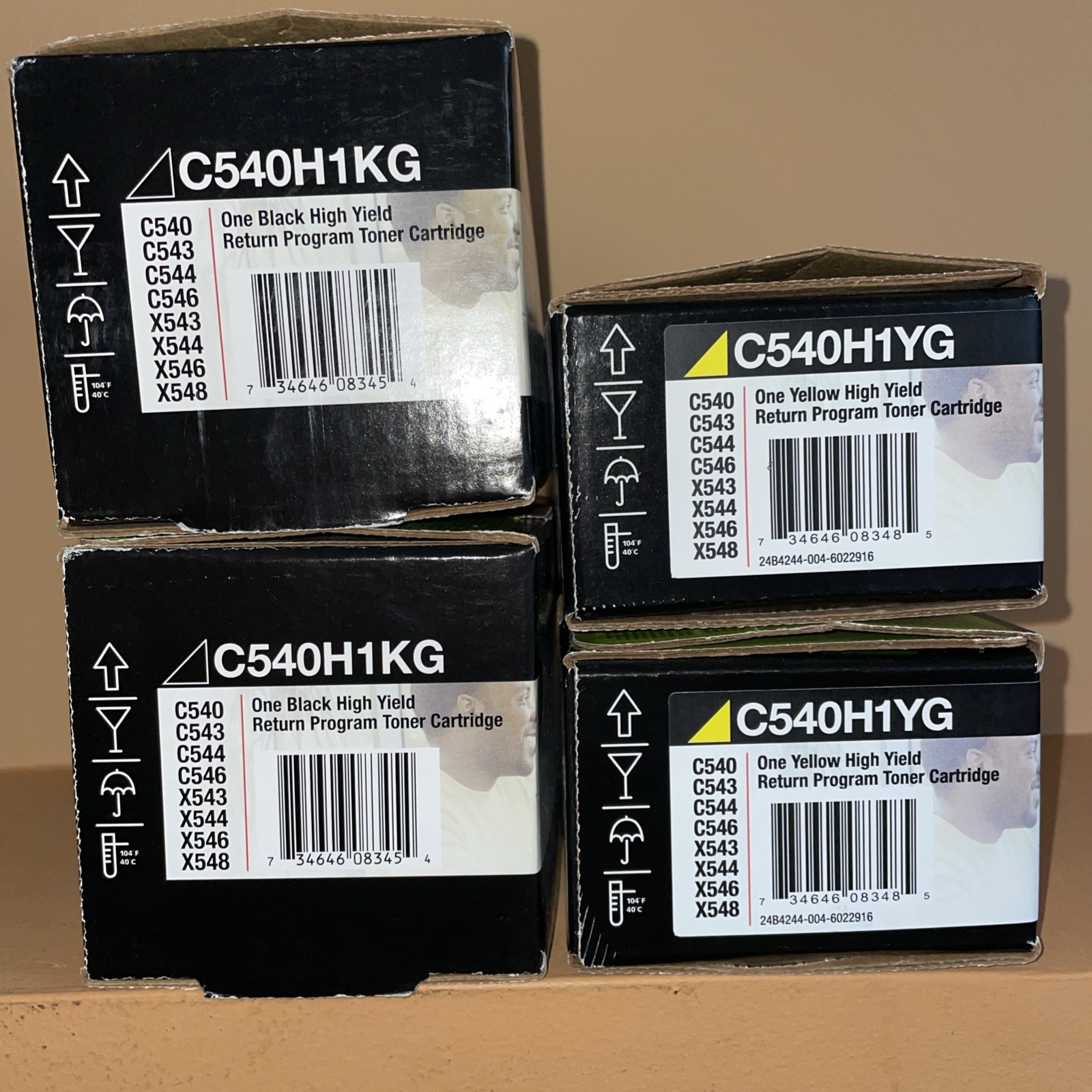 Lexmark Toner Cartridges  (2)C540H1YG Yellow, (2)C540H1KG Black. New Sealed