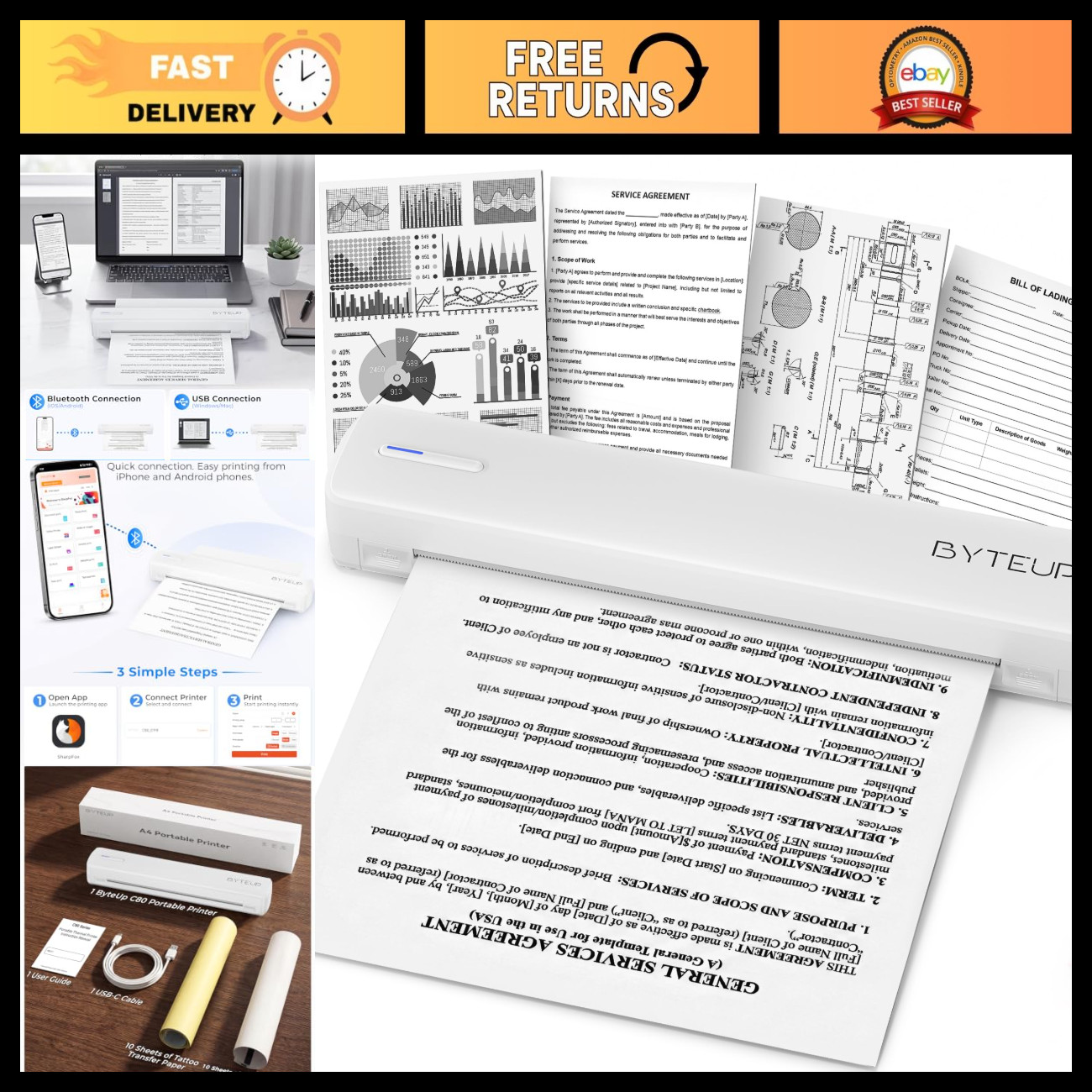 Inkless Portable Thermal Printer, Bluetooth & USB-C, A4 Letter Size, Compact & F