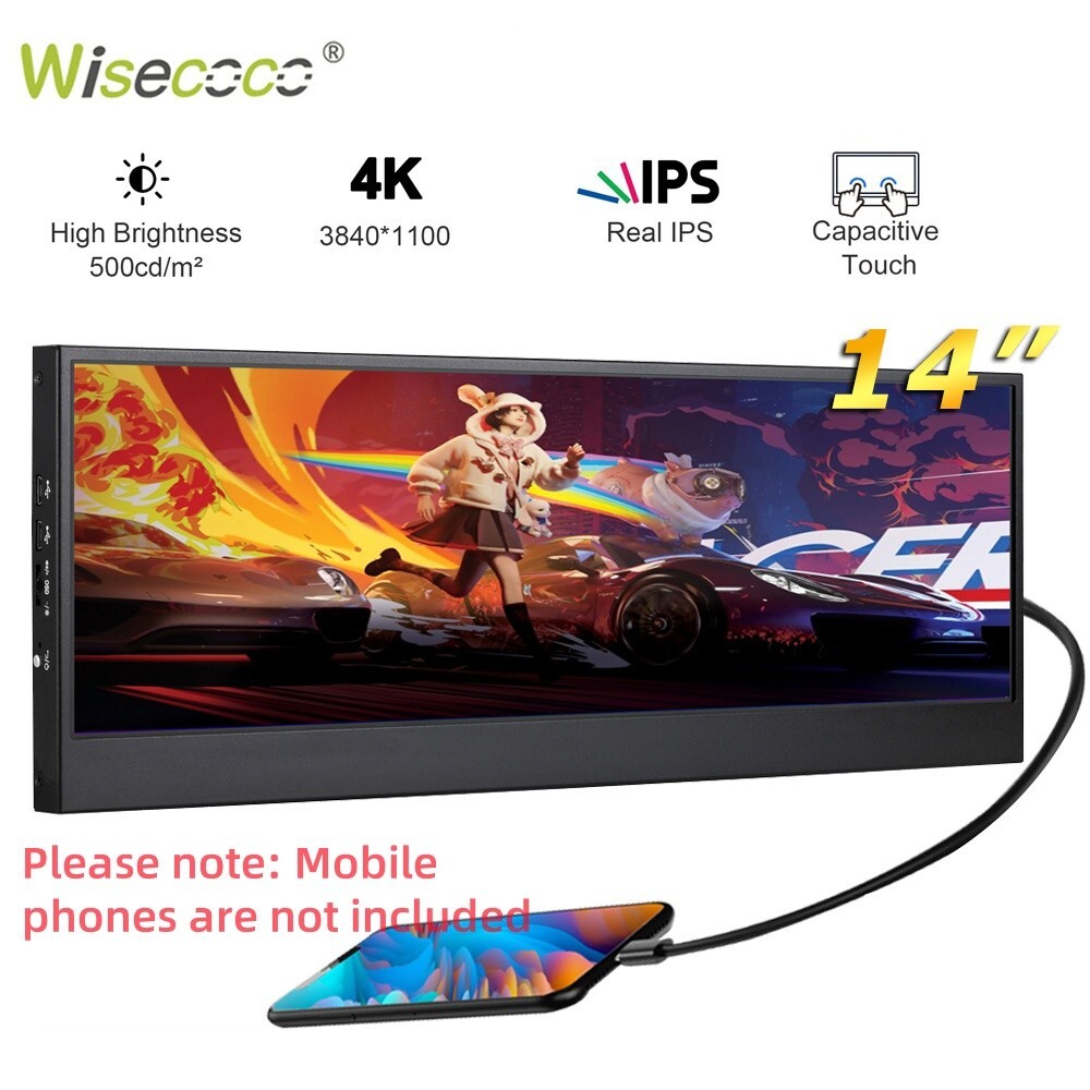 14'' 4k UHD 3840x1100 IPS Touchscreen Portable Monitor Gaming Display HDMI USB C