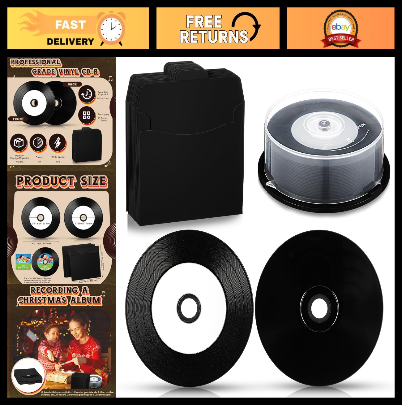 25 Pcs 700MB Recordable Blank Media Discs 80 Min 52X Inkjet Printable + Kraft Ba