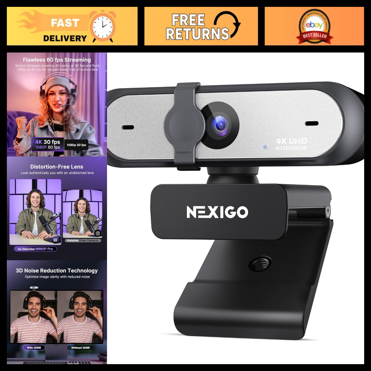 4K Webcam with Autofocus, 1080p 60fps, Noise-Canceling Mic & Privacy Cover - Gam