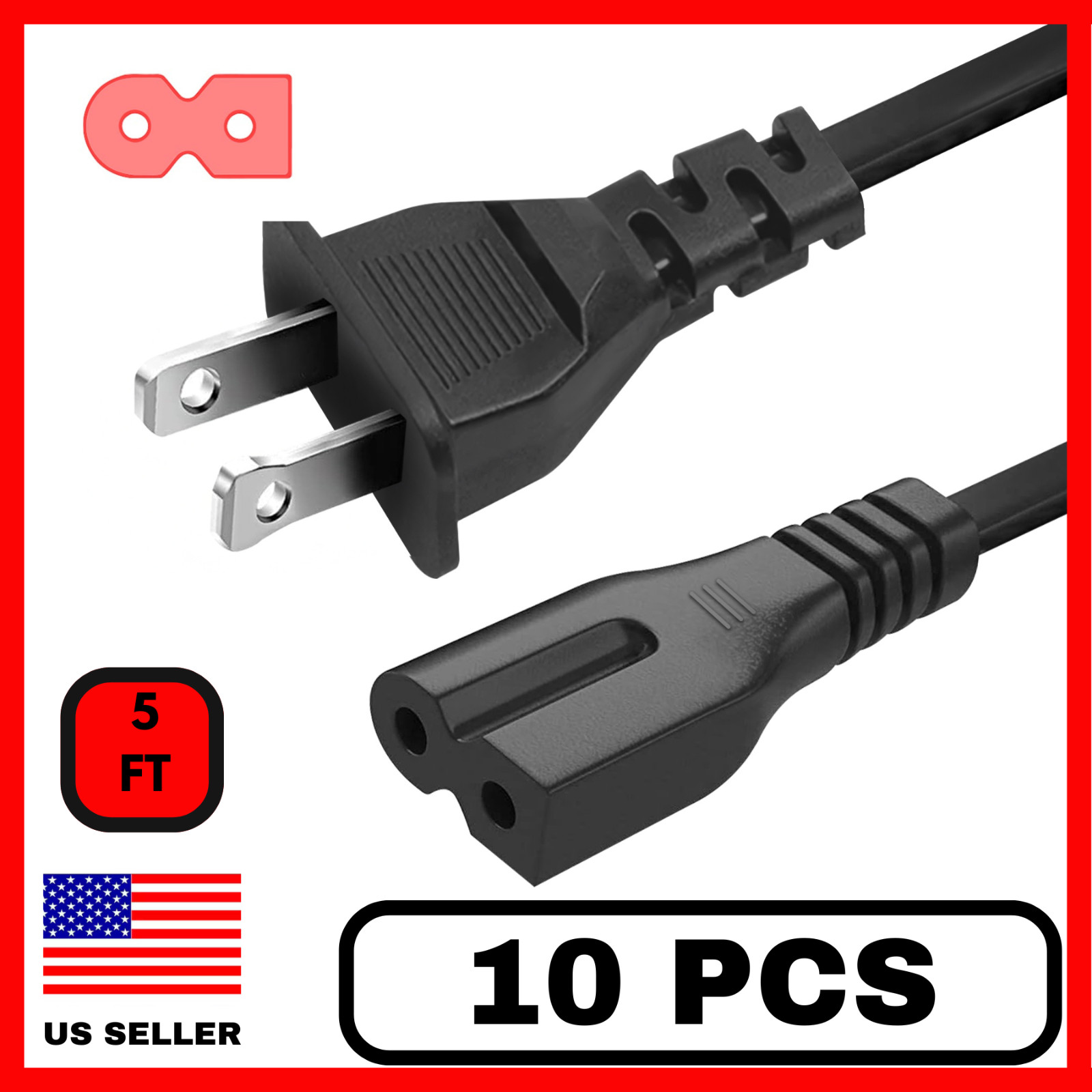 10 Pack 5 Feet 5' AC Power Cord 2 Prong Polarized for Sony, Vizio, Bose, Sharp