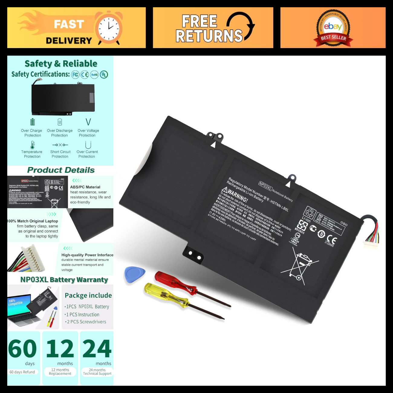 High-Capacity 43Wh Laptop Battery for HP Envy X360 15-U011DX 15-U010DX - Replace