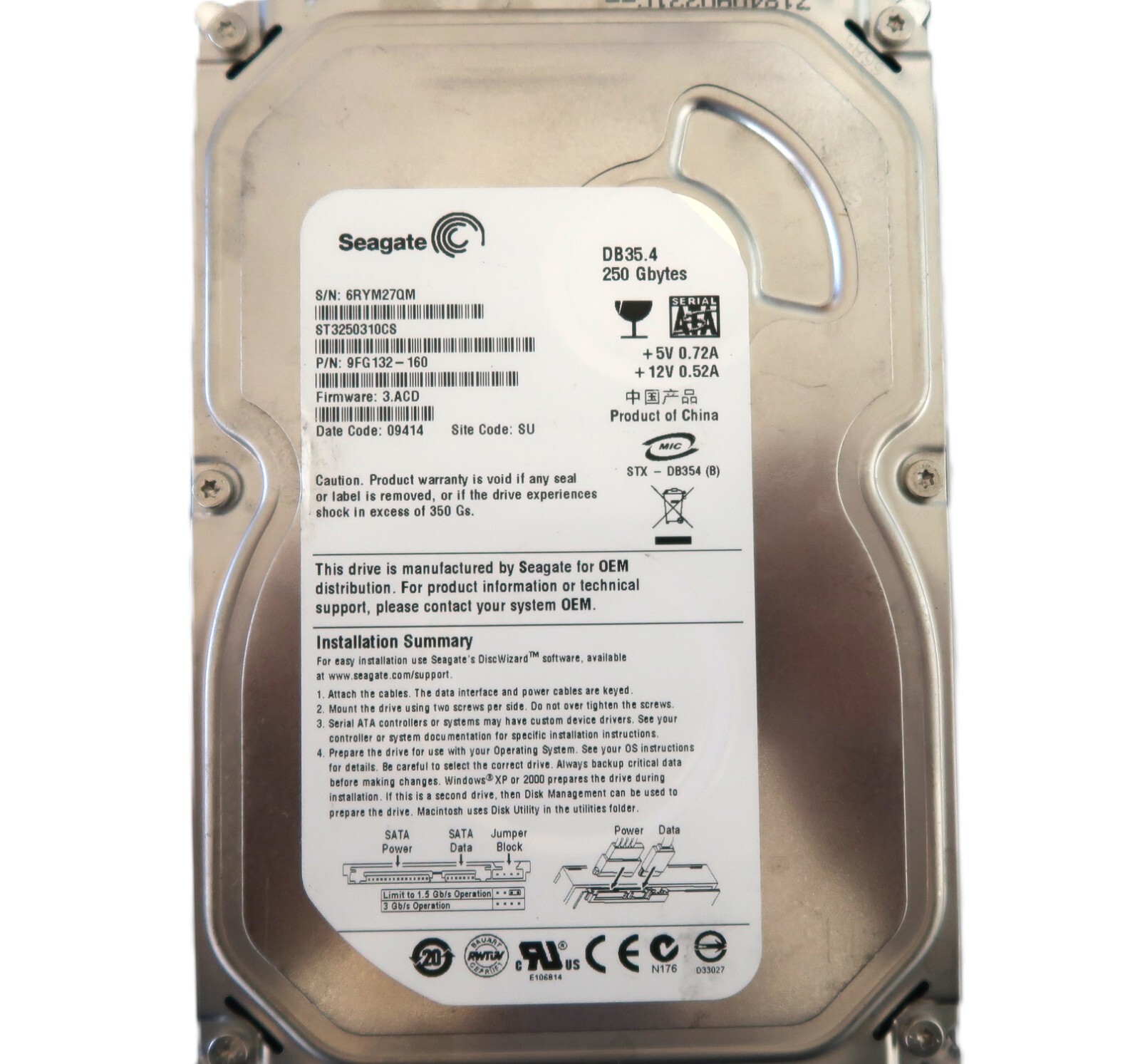 Seagate ST3250310CS 9FG132-160 3.ACD (6RY) SU China 250gb Sata 3.5" HDD 04/2009