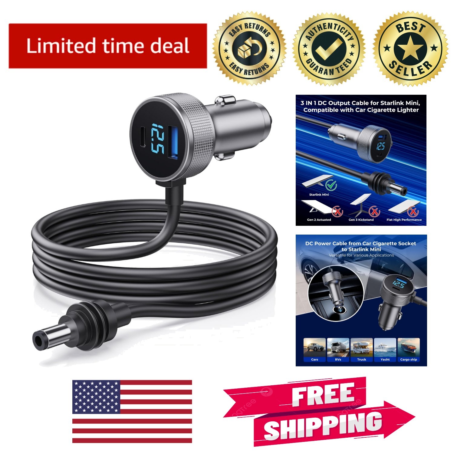 Starlink Mini 3-in-1 Car Charger: Durable DC Cable with Digital Display, 6.5FT