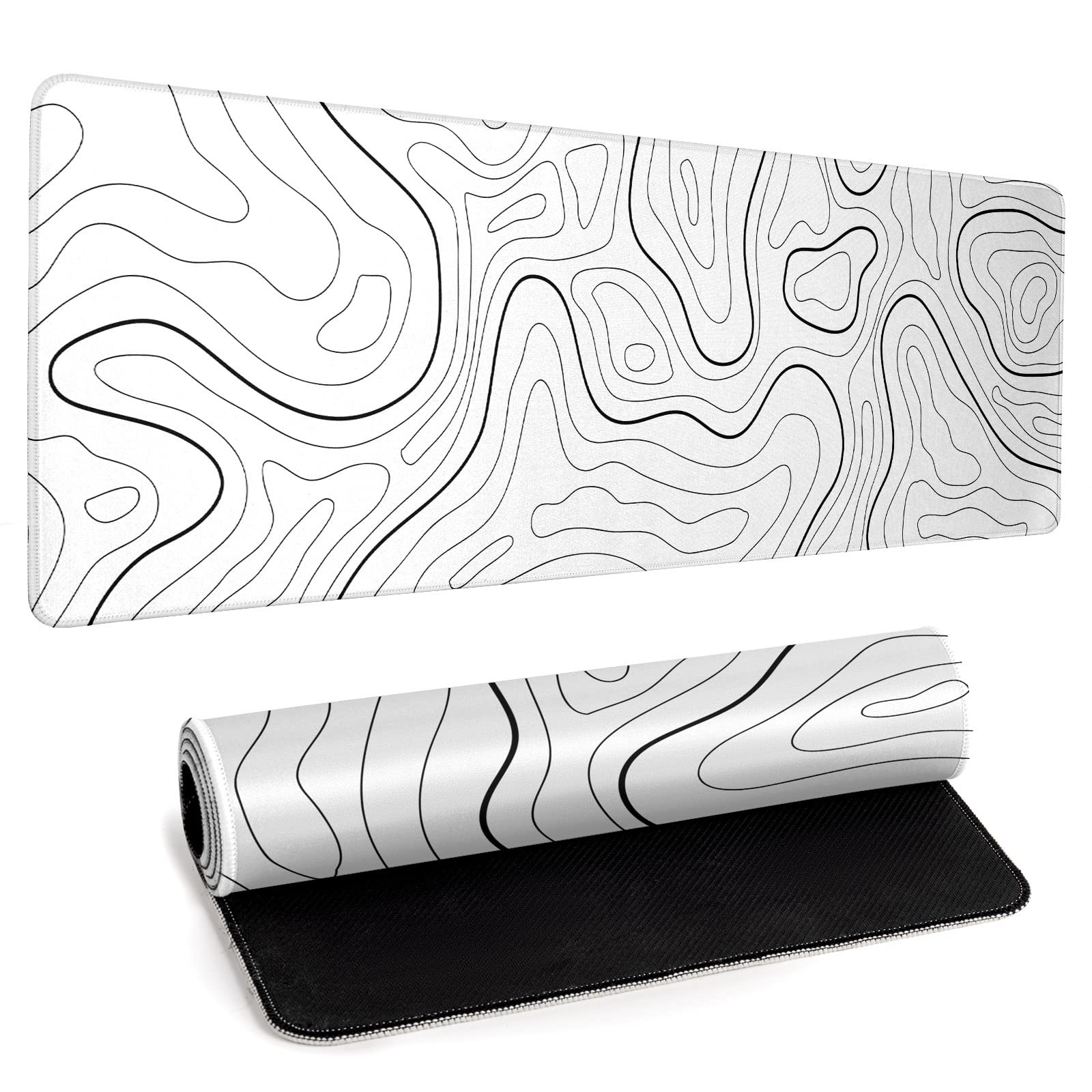 White Big Mousepad for Gaming Large Topographic Map Washable Desk Pad with St...