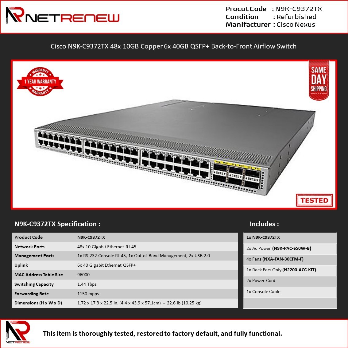 Cisco N9K-C9372TX 48x 10GB Copper 6x 40GB QSFP+ Back-to-Front Airflow Switch