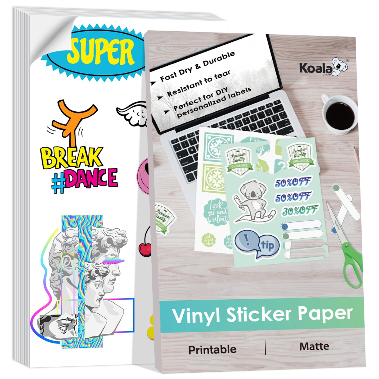 Lot Multi-size - KOALA Printable Vinyl Sticker Paper, Matte White, Inkjet Laser
