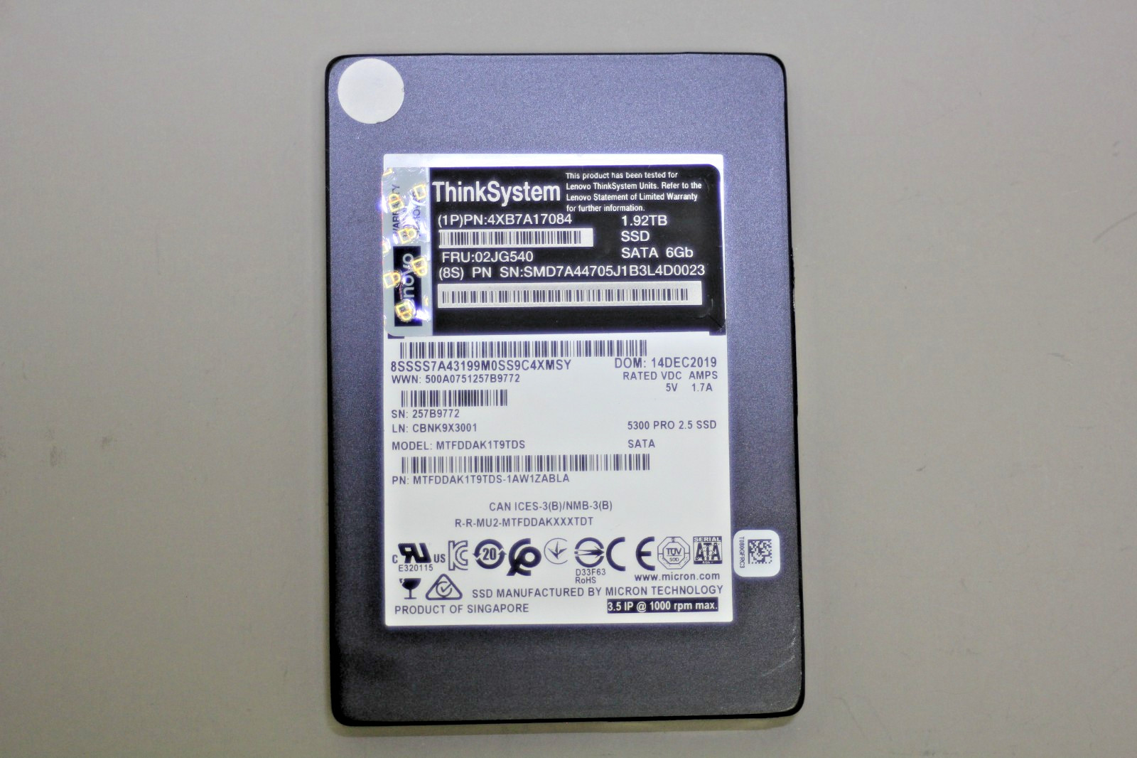 02JG540 Lenovo 1.92TB Micron 5300 2.5" SATA SSD MTFDDAK1T9TDS 100% Health