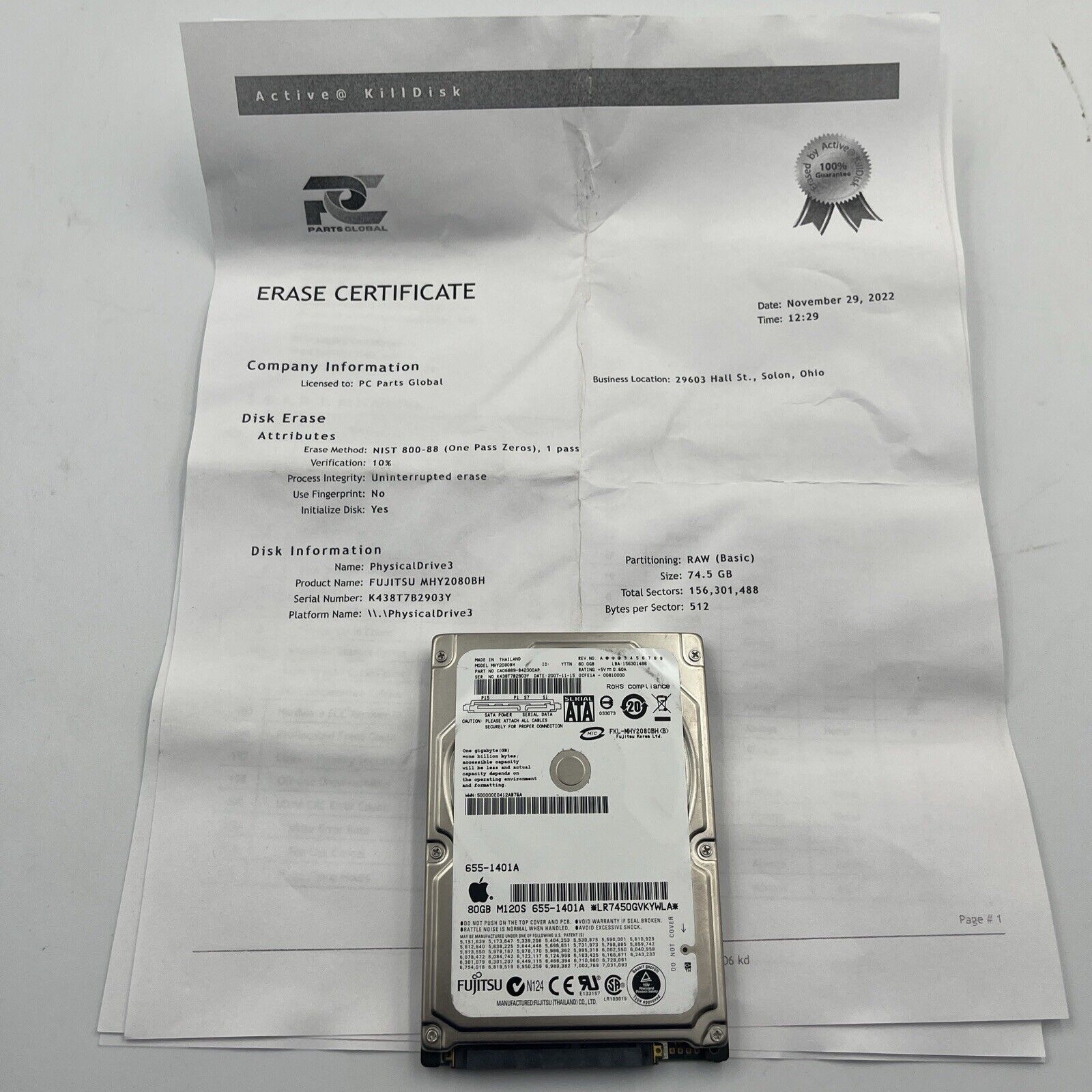 Fujitsu MHY2080BH 80GB SATA 2.5" 9.5mm HDD Drive Tested Good