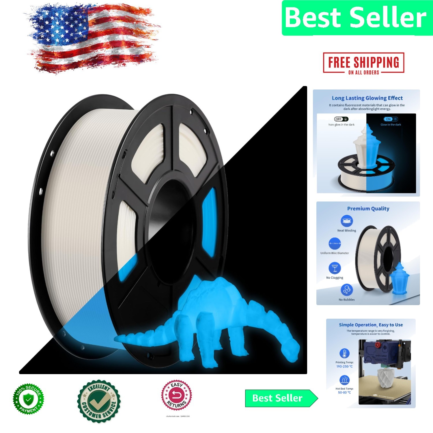 High-Quality Glow-in-the-Dark PLA Filament 1.75mm, 1kg - Exceptional Brightness