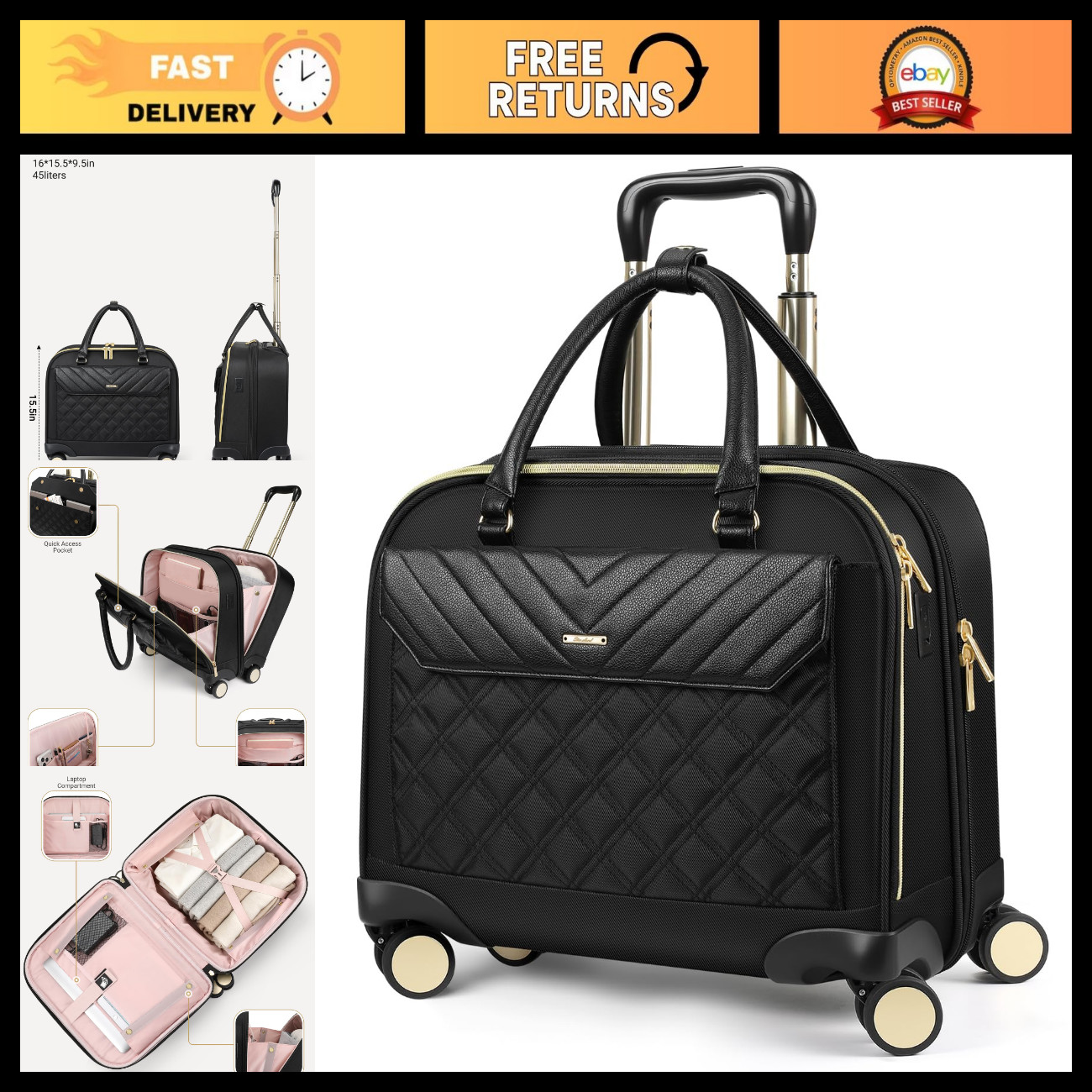 45L Rolling Laptop Bag for Women - Wheeled Briefcase with USB Ports & Quiet Whee